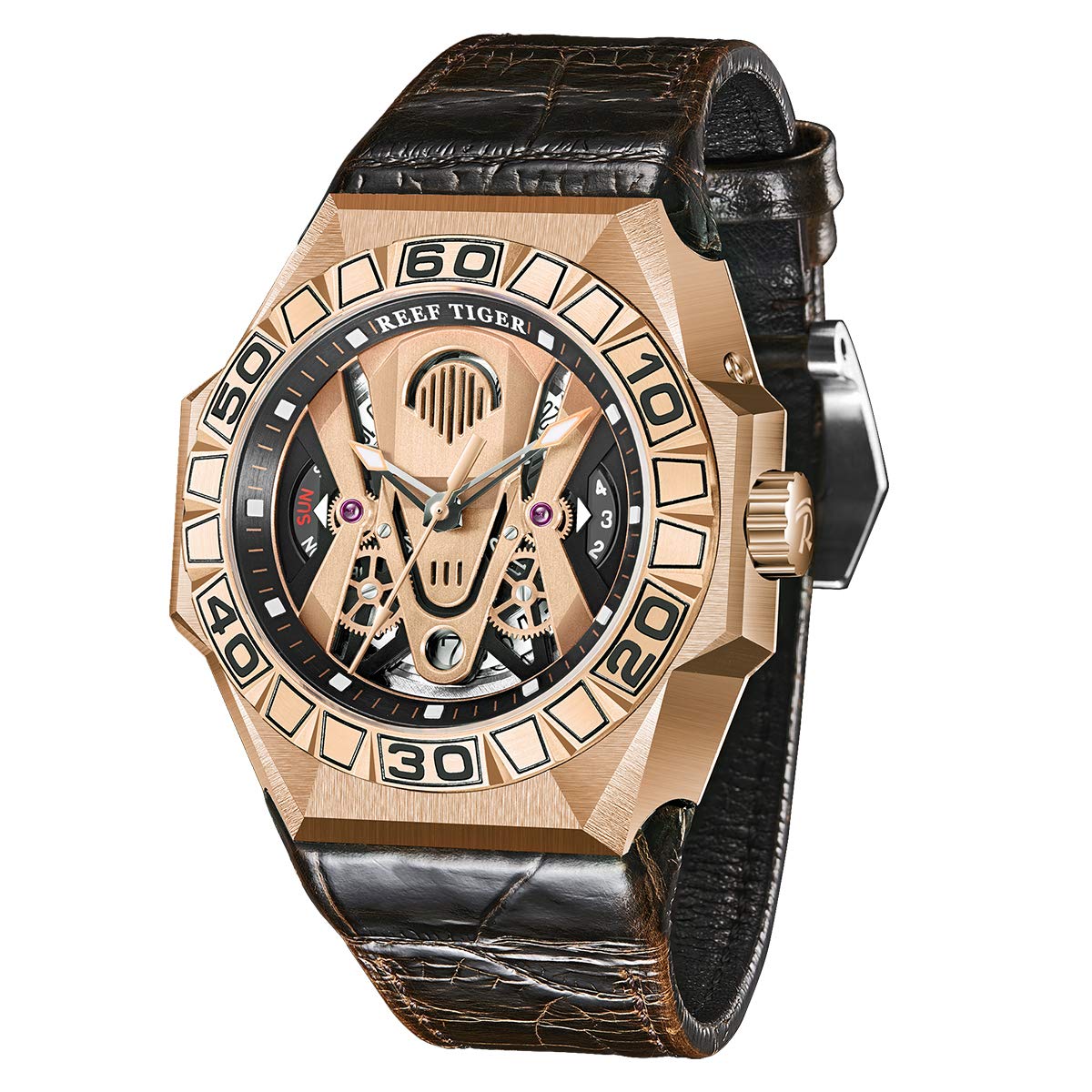 REEF TIGER Men's Automatic Skeleton Watch - Waterproof Sports Watch with Genuine Leather Strap (Model RGA6912) - Perfect for Outdoor Activities, Business Meetings & Casual Wear