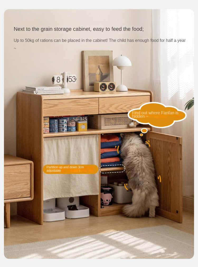 Solid Oak Wood Side Cabinet with Cat Pet Supplies Storage - Perfect for Living Room, Bedroom, or Entryway Organization - Compatible with Robot Vacuum Cleaners
