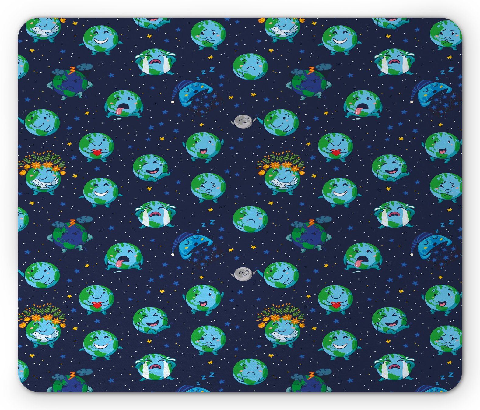 Ambesonne Emoticon Mouse Pad - Smiling Angry Sad Cheerful Planet Earth Faces with Star Design, Non-Slip Rubber Base, Standard Size Rectangle Mousepad for Office & Gaming (Multicolor)