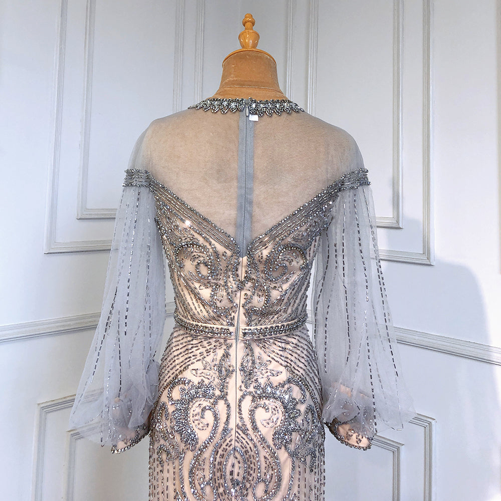 Serene Hill Grey Nude Luxury Evening Dresses for Women 2025 - Beaded Lantern Sleeve Mermaid Gown for Prom, Gala & Formal Events | Elegant Party Dress LA71603