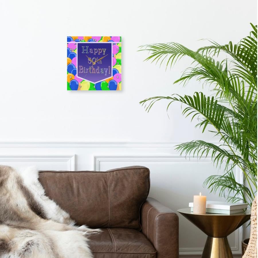 3dRose 13-Inch Silent Wall Clock - Balloons with Purple Banner Happy 50th Birthday Design - Perfect for Birthday Parties, Home Decor & Gift Giving