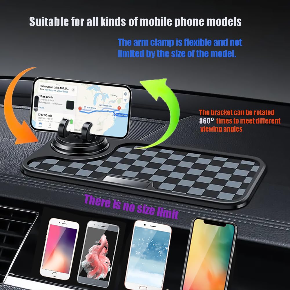 360° Rotating Anti-Slip Car Phone Holder & Dashboard Mat - Universal Smartphone Mount with Sticky Pad for iPhone, Samsung, Sunglasses, Keys - Perfect for Commuting, Road Trips & Daily Driving (Black & Gray Pattern)