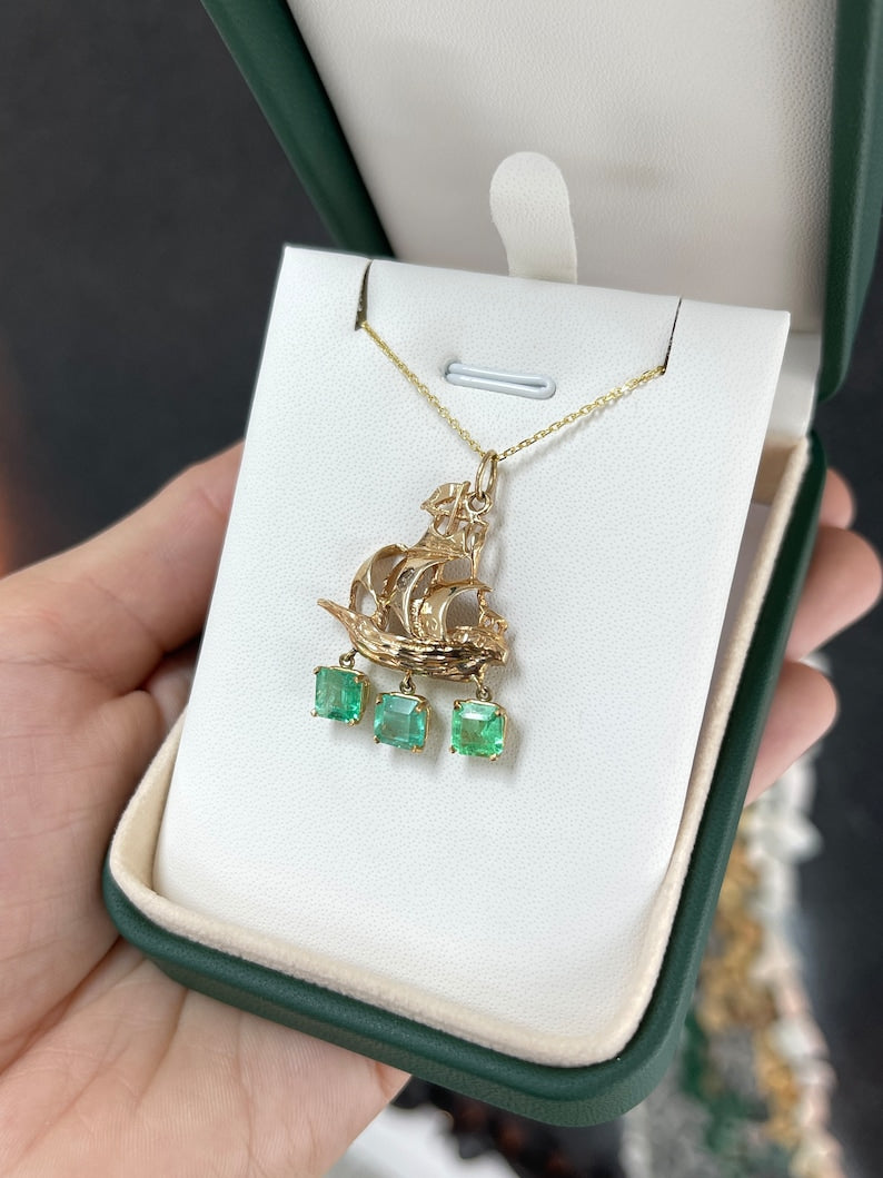 2.95tcw 14K Gold Colombian Emerald & Diamond Pirate Sailor Boat Pendant Necklace - Perfect for Nautical Themed Parties, Beach Vacations & Unique Gifts