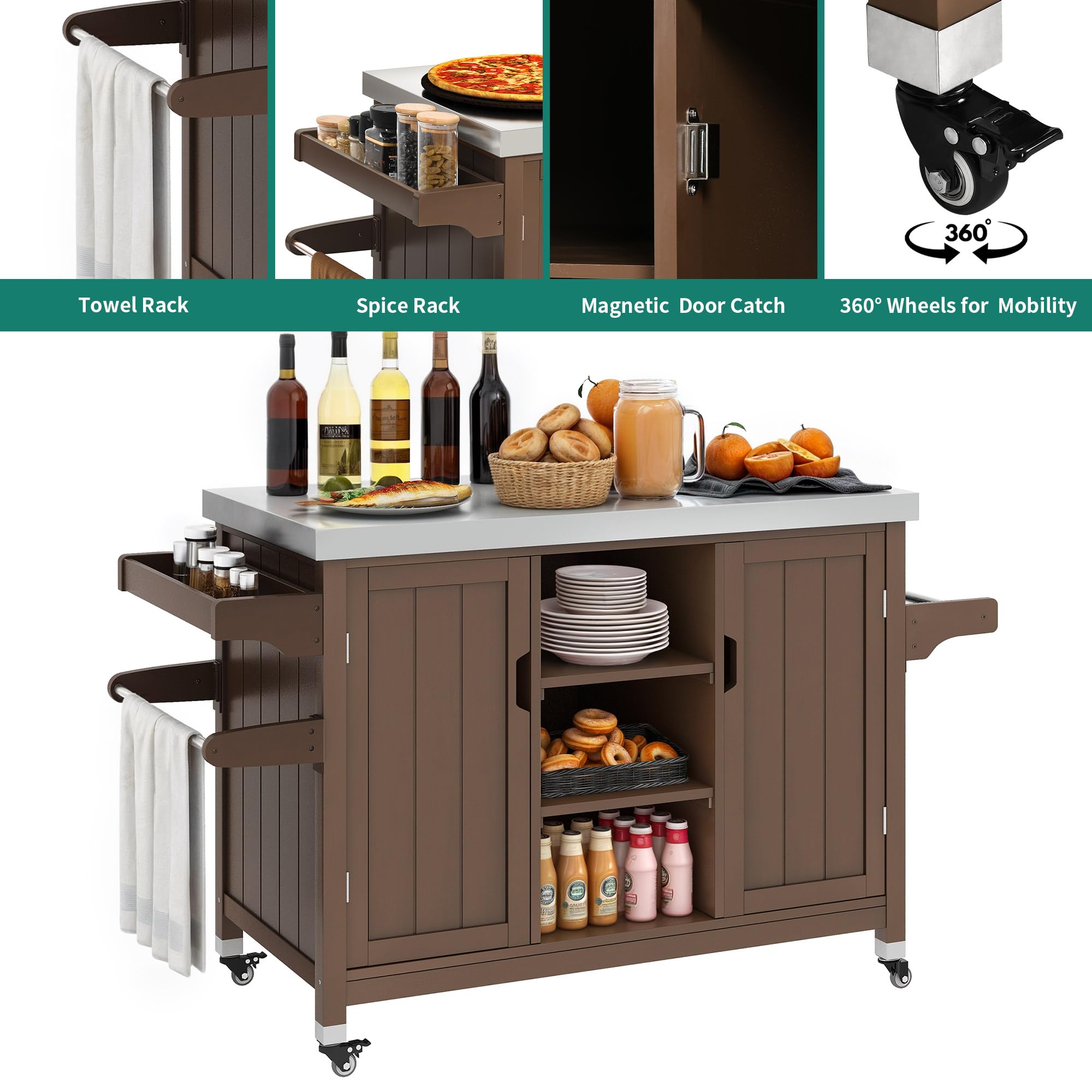 YITAHOME Solid Wood Patio Bar Table - XL Outdoor Storage Cabinet with Spice Rack & Side Handle, Large Space Kitchen Organizer for Patio, Garden, Porch, Balcony | Portable Outdoor Dining & Entertaining Solution