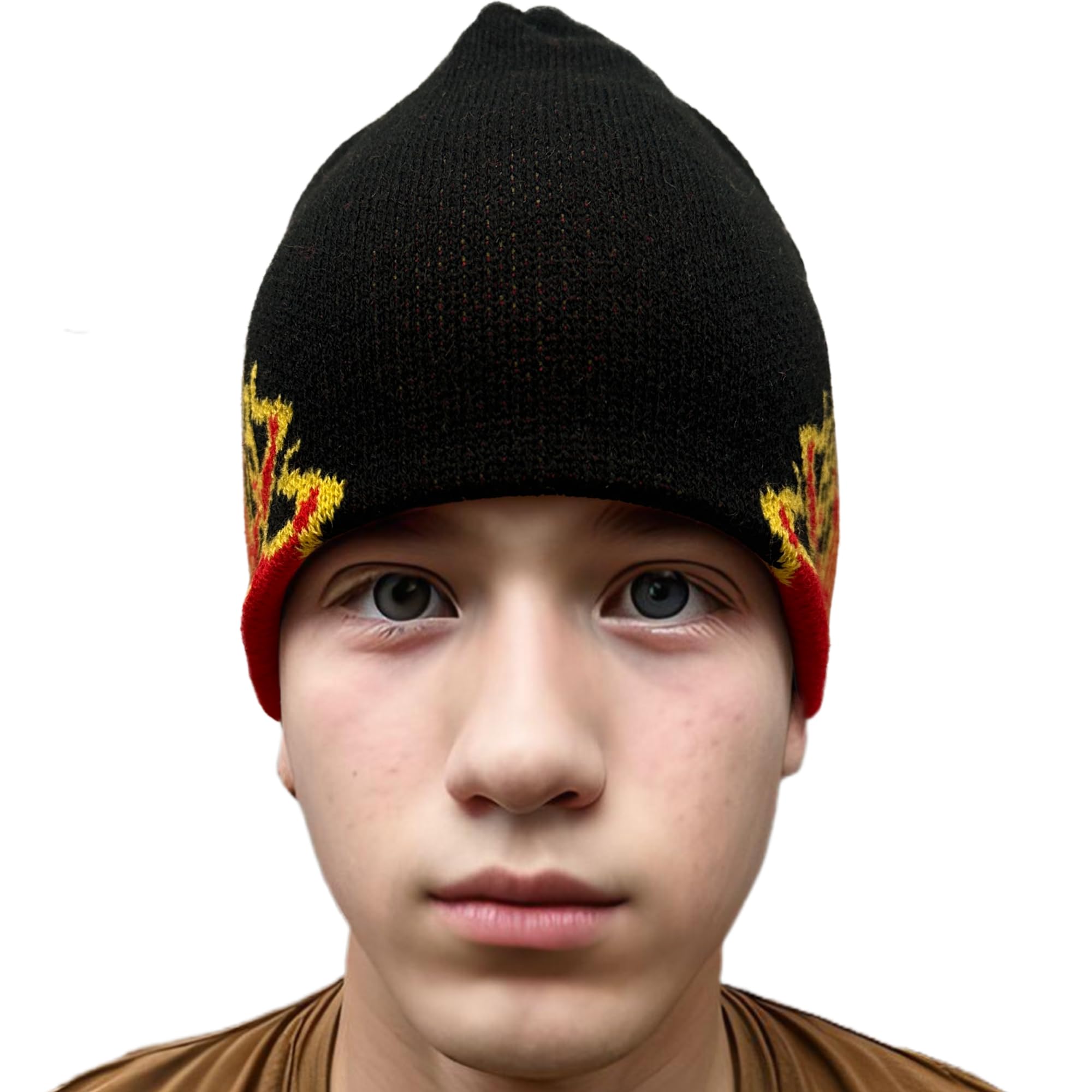 Men's Flame Fire Design Cuffless Beanie Skull Cap - Winter Warm Knit Hat for Outdoor Activities, Running, Hiking & Casual Wear