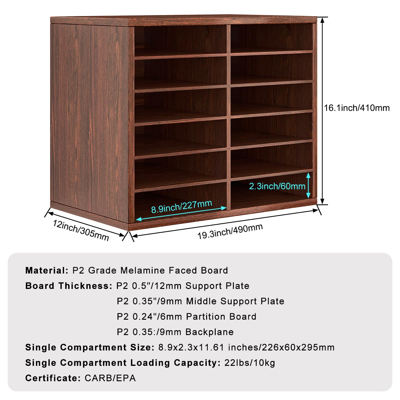 Wooden Mail Sorter Organizer with 12 Compartments - Desktop Bill & Letter Holder for Office, Classroom, Home & School - PAG Countertop Literature Organizer - Perfect for Bills, Letters, Documents & Homework Organization (Brown)