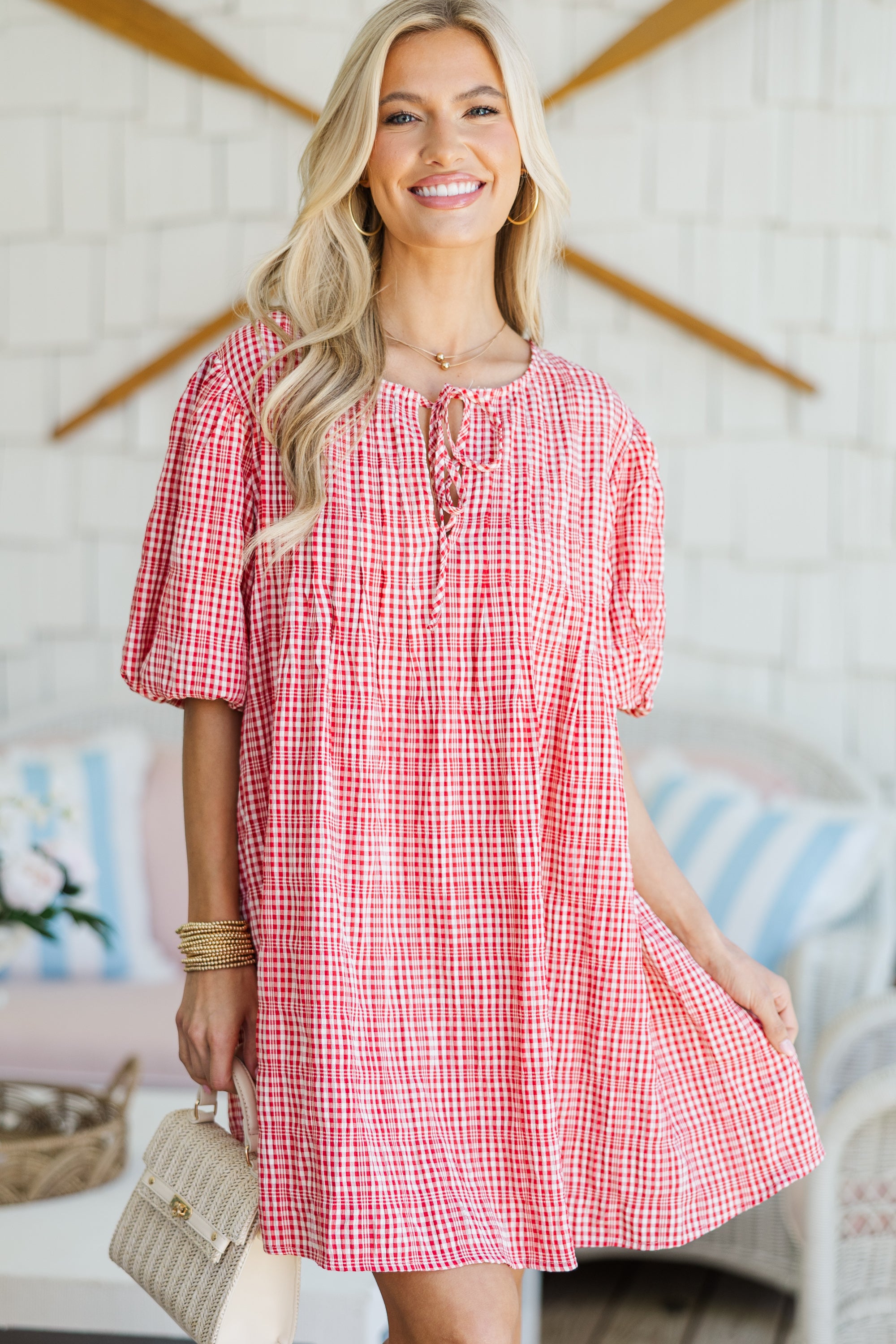 Fall in Love Red Gingham Dress - Vintage Style Floral Print Summer Dress for Women | Perfect for Picnics, Dates & Outdoor Events