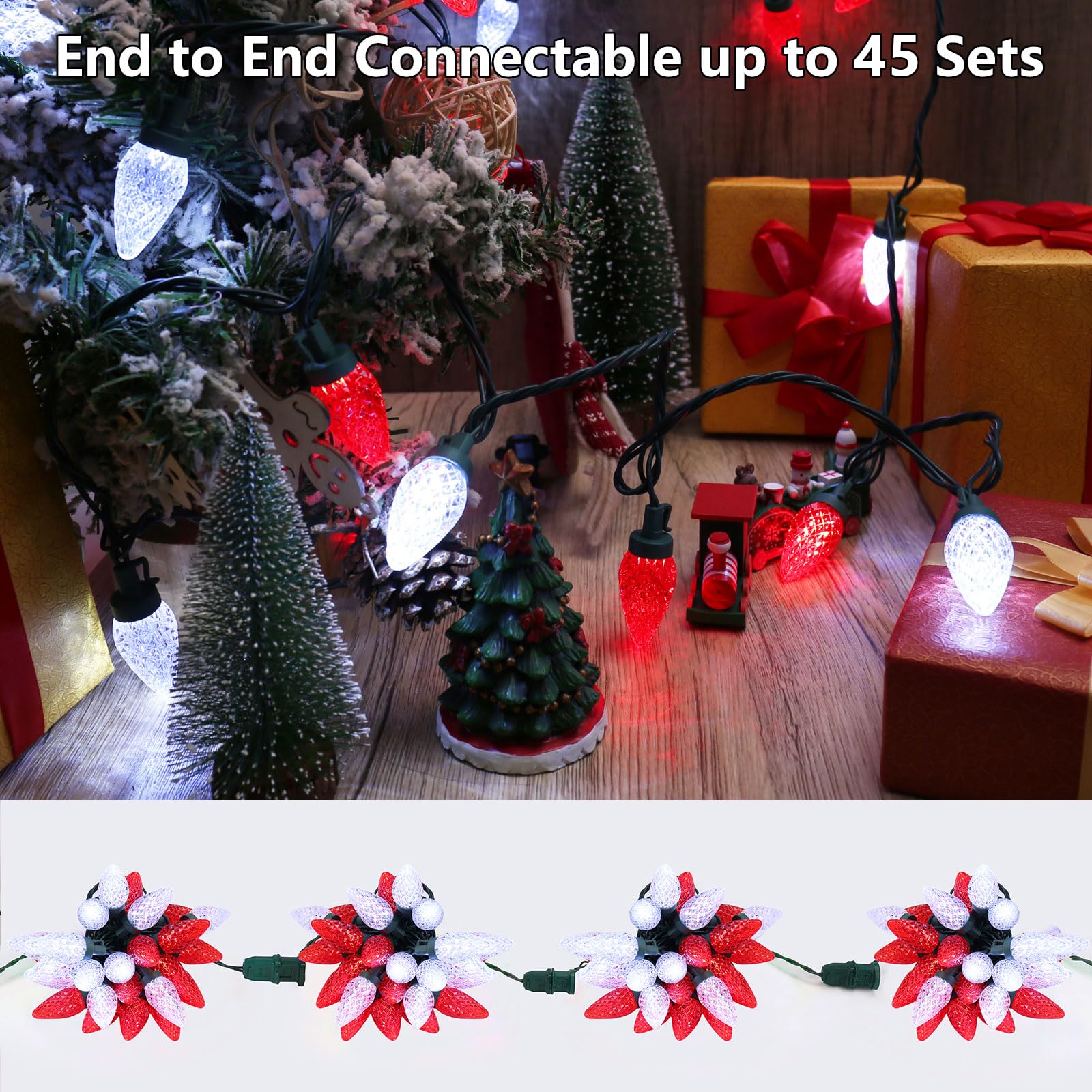 Brizled C9 Christmas Lights - 33ft 50 LED Faceted String Lights, Connectable Indoor/Outdoor Holiday Decor, UL Certified 120V for Tree, Garden, Porch & Party (Red & White) - Perfect for Christmas, Weddings, and Year-Round Festive Lighting
