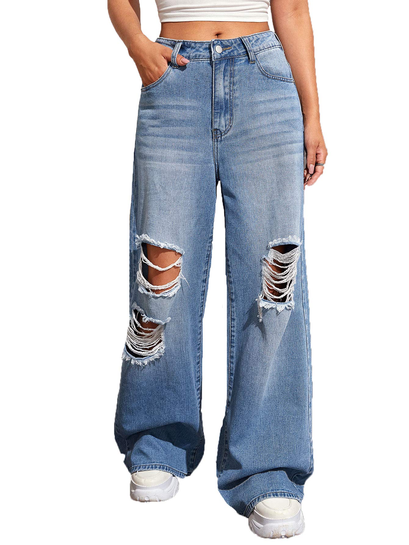 SweatyRocks Women's Distressed Ripped Denim Jeans - Loose Fit Wide Leg Casual Pants for Streetwear & Boho Style | Perfect for Everyday Wear, Music Festivals, and Trendy Outfits