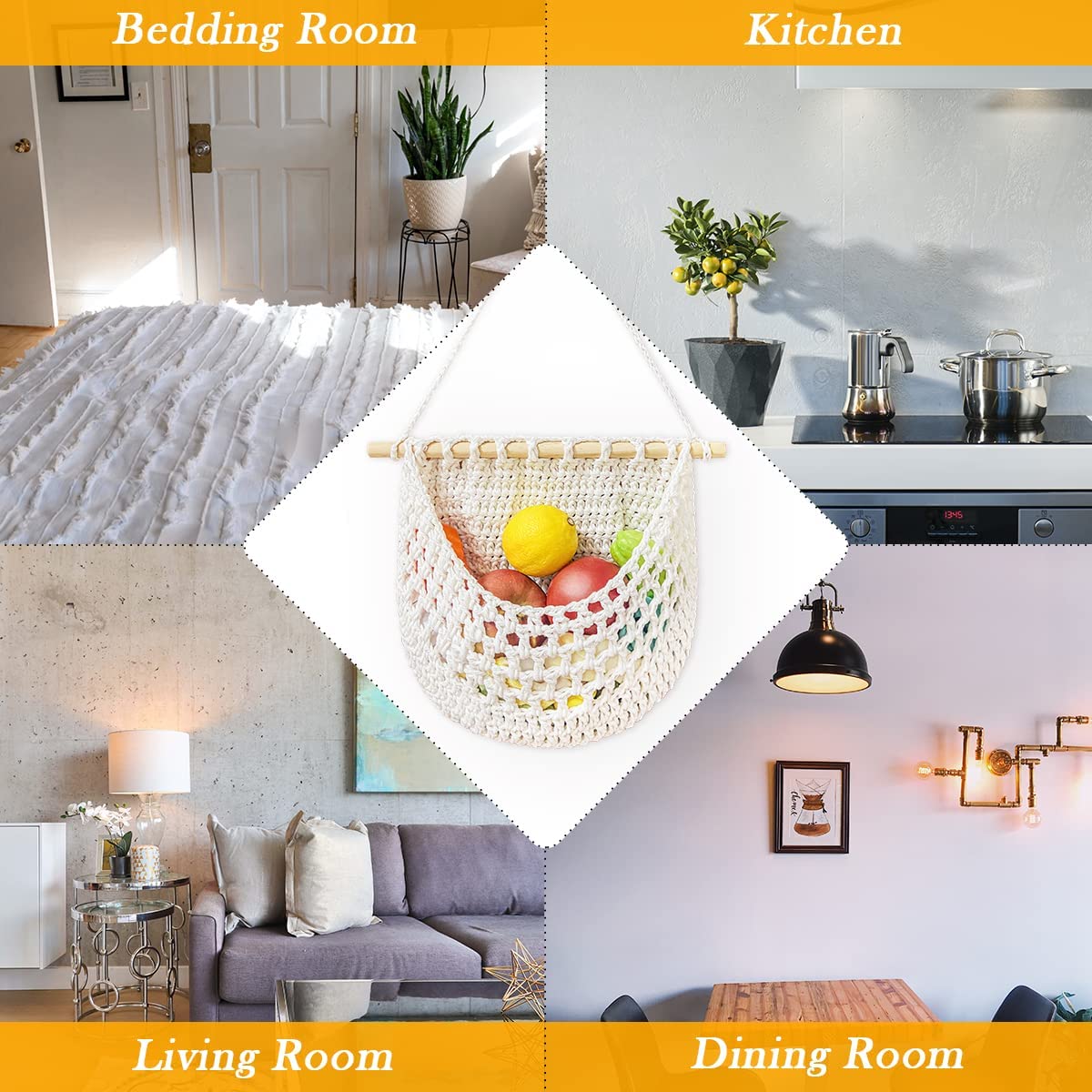 Handmade Boho Cotton Rope Hanging Fruit Basket - Wall Mounted Over Door Storage Organizer for RV, Kitchen, Bathroom - Woven Decorative Basket for Fruits, Keys, Small Items (White)