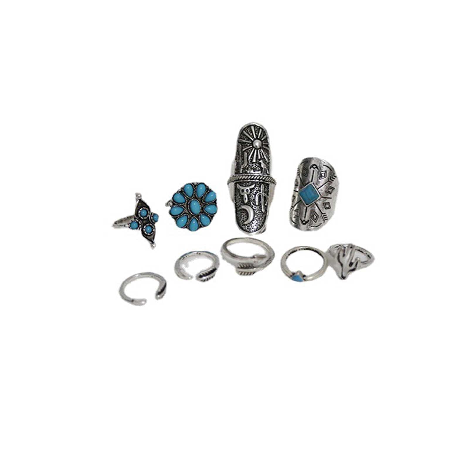 Vintage Floral Carved Ring Set - 9 Piece Bohemian Silver Thumb Rings for Women | Perfect for Boho Fashion, Festival Accessories & Layered Jewelry Looks