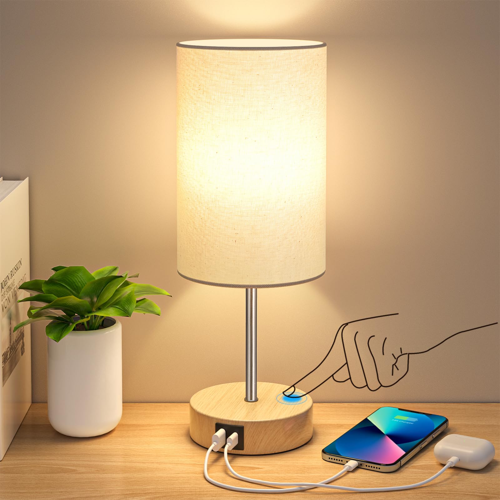 AKASUKI 3-Way Dimmable Touch Table Lamp with USB Charging Ports - Bedside Nightstand Lamp for Bedroom, Living Room & Office (LED Bulb Included) | Perfect for Reading, Working & Charging Devices