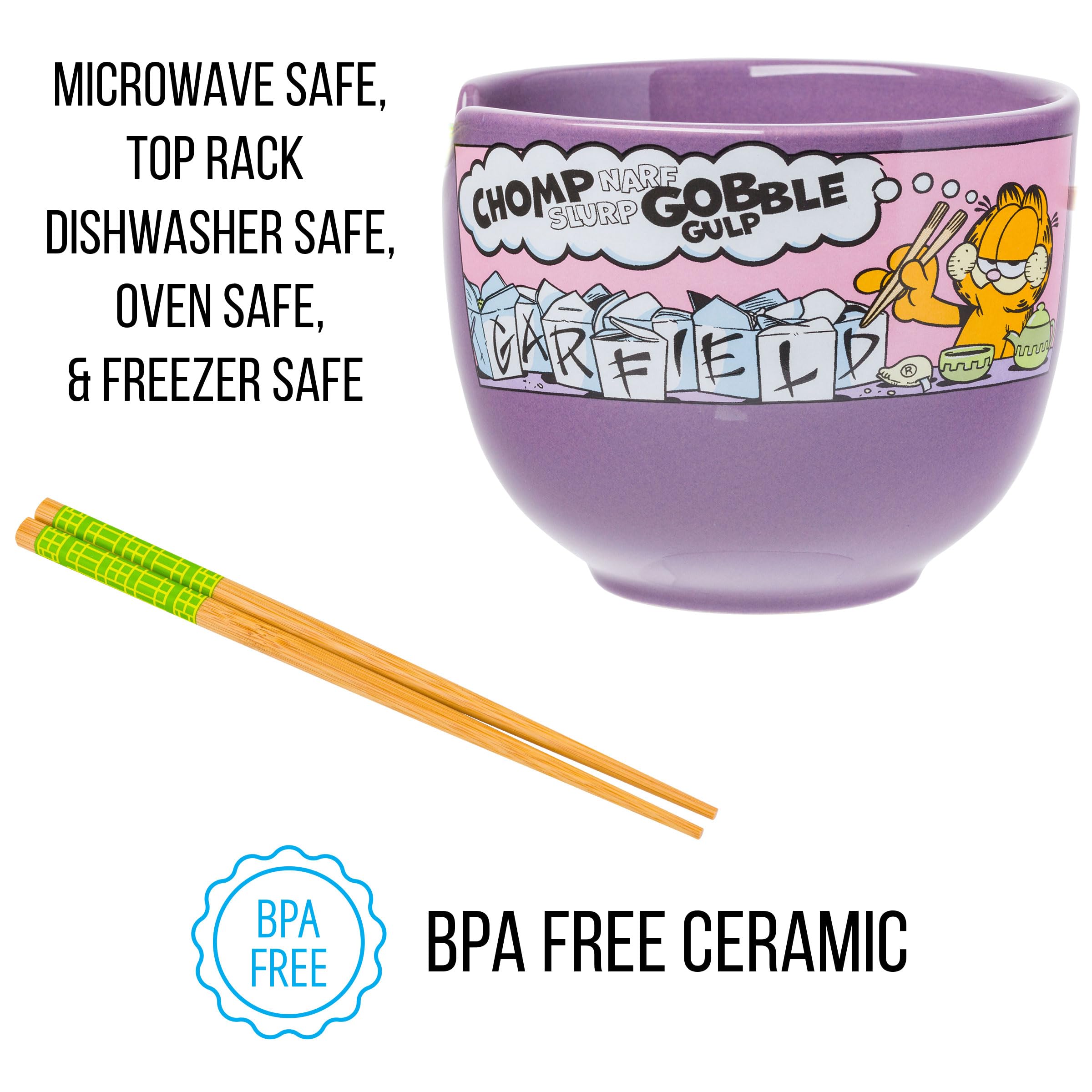 Garfield Eating Takeout Ceramic Ramen Noodle Bowl - 20oz Microwave Safe Rice Bowl with Chopsticks - Perfect for Anime Fans, Asian Cuisine & Home Dining