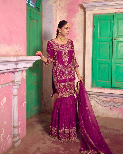 Elegant Magenta Embroidery Thread Sharara Suit Set for Women - Perfect for Weddings, Festivals & Special Occasions