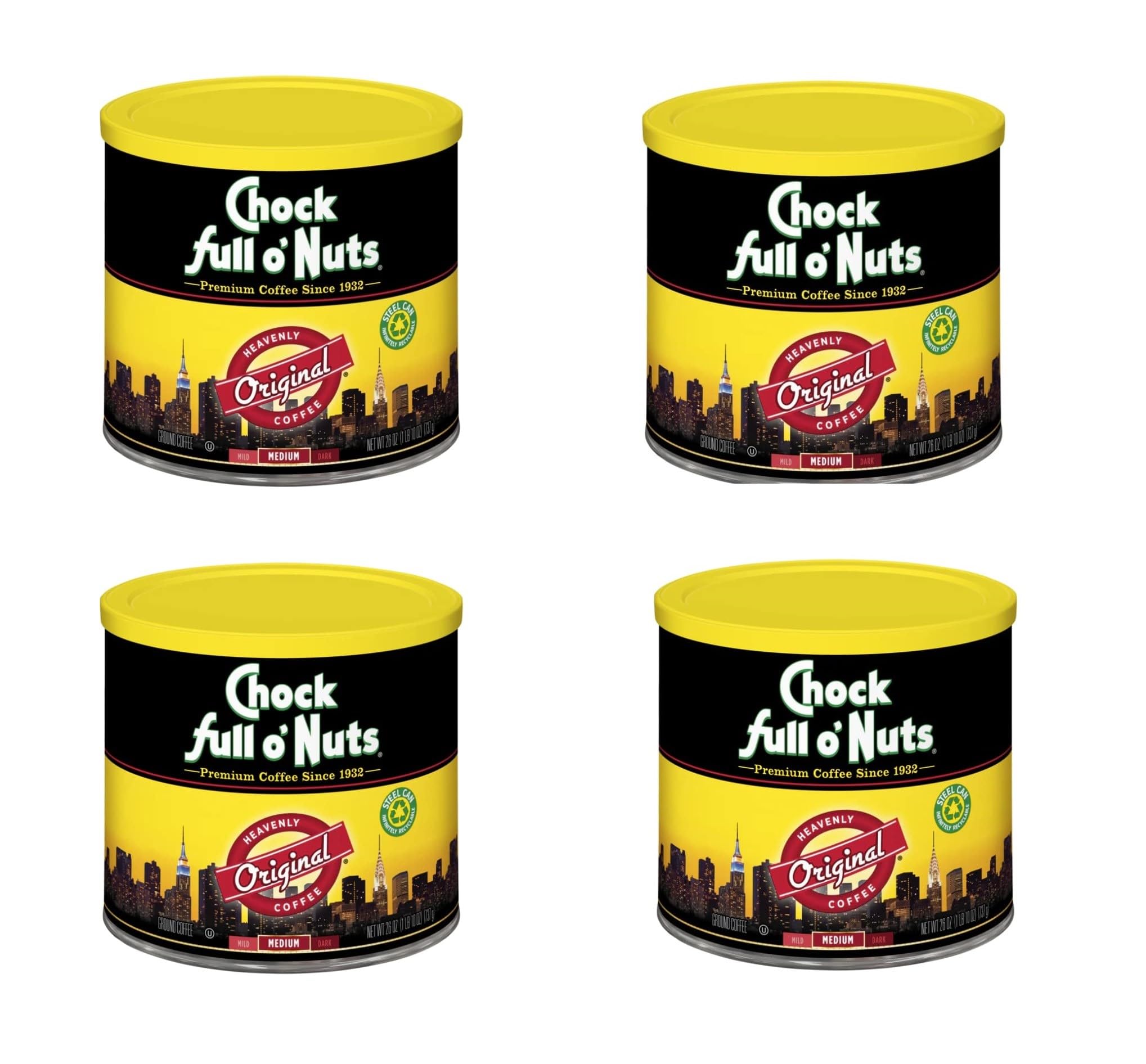 Chock Full O'Nuts Original Roast Ground Coffee - Medium Roast Coffee Beans with Smooth, Full-Bodied Flavor - 26oz Steel Can (Pack of 4) - Perfect for Home Brewing, Office Use & Gift Giving