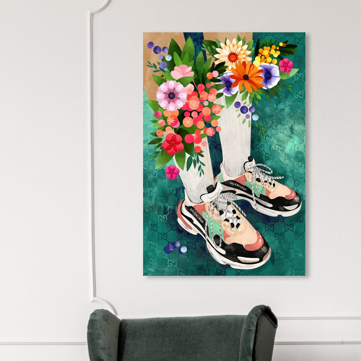 Blooming Floral Sneakers & Socks Set - Modern Green Canvas Wall Art Print for Bedroom Decor | Trendy Outfit & Home Aesthetic