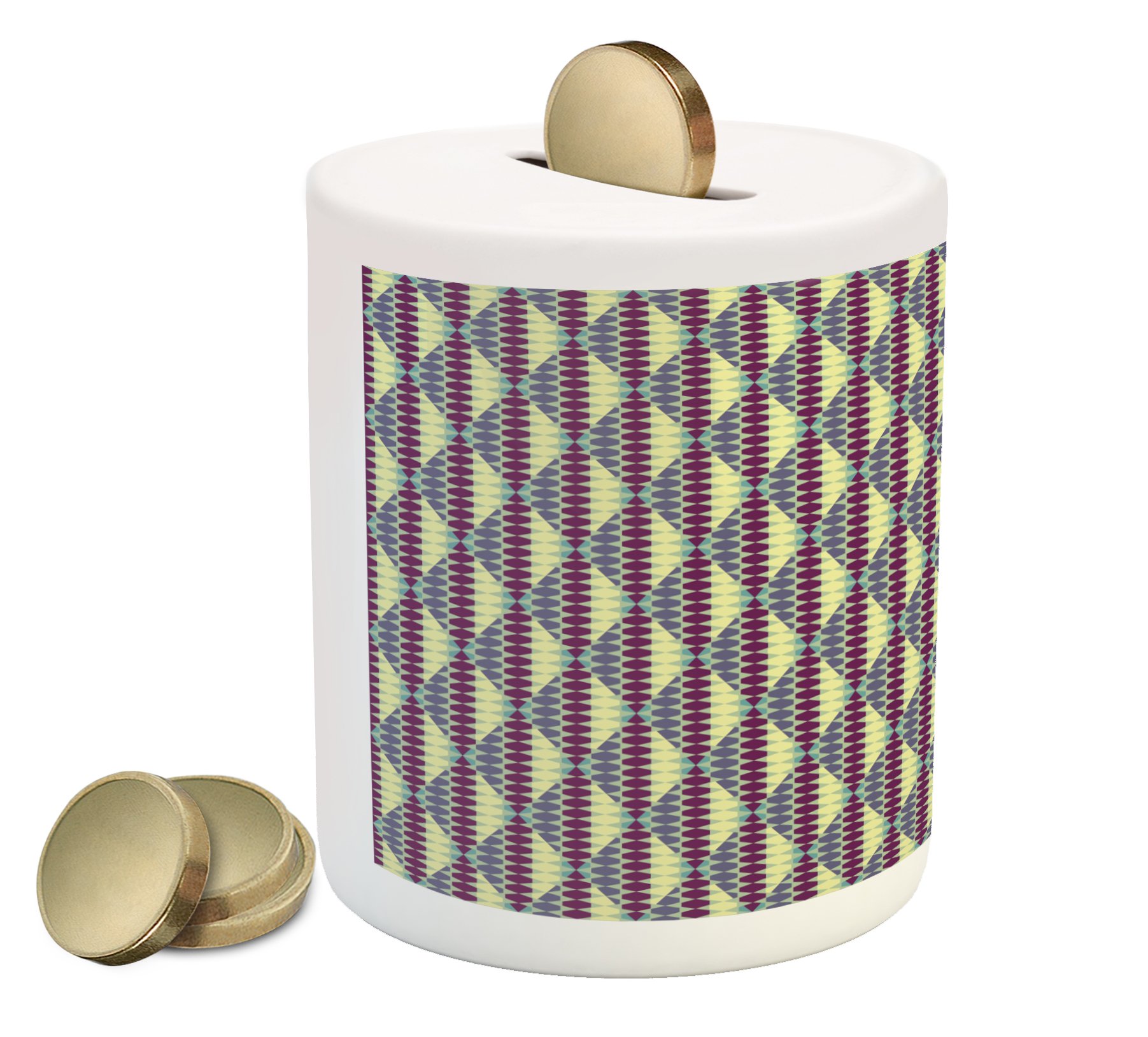 Vintage Retro Ceramic Piggy Bank - Abstract Geometric Hexagon Design in Pale Yellow, Cadet Blue & Purple - Money Box for Cash Saving & Coin Collection - Perfect for Kids' Savings, Home Decor & Gift Ideas