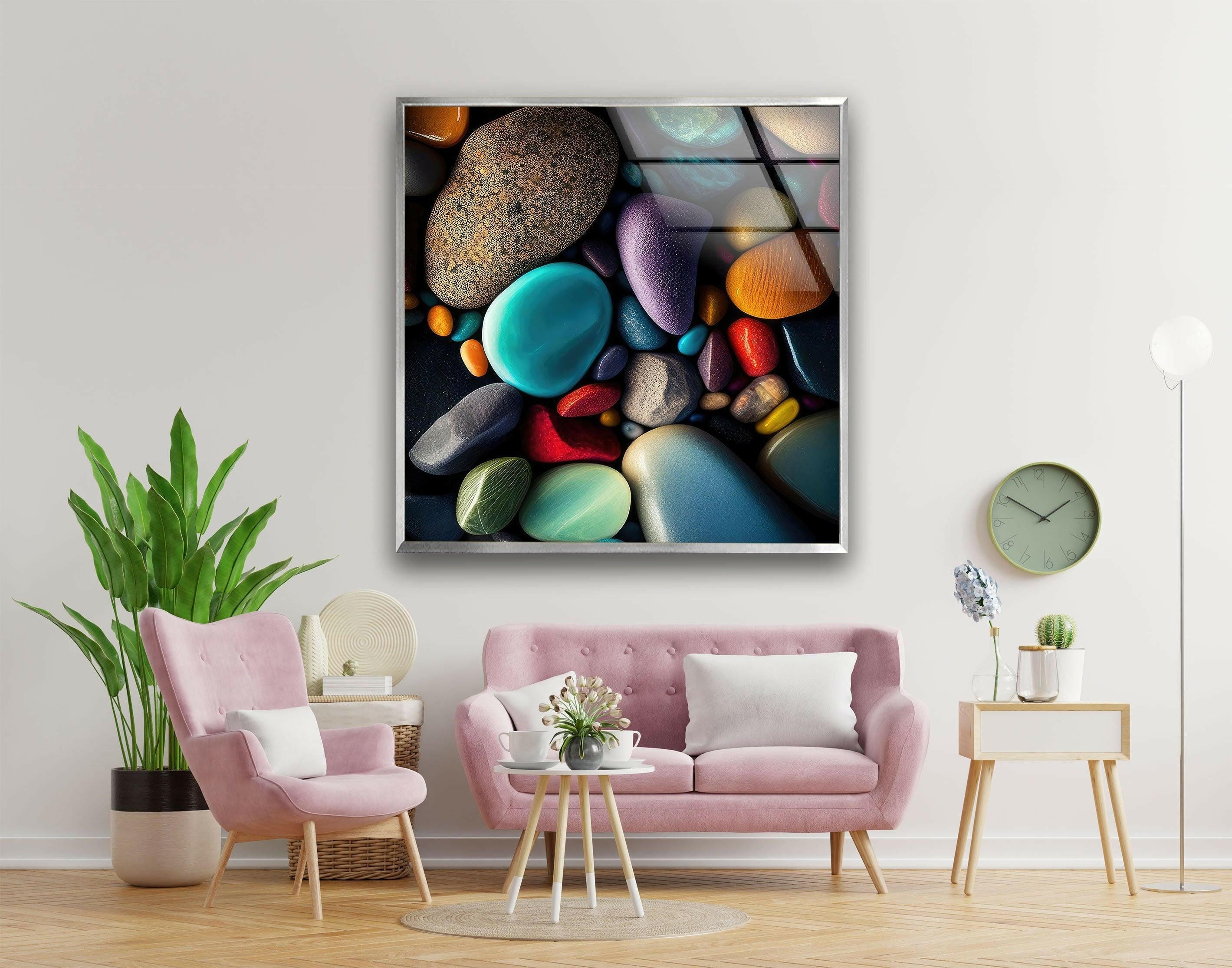 Vibrant Sea Stones Glass Wall Art - Handmade Ocean-Themed Decorative Panel for Living Room, Bedroom & Bathroom - Perfect Coastal Home Decor & Unique Gift Idea