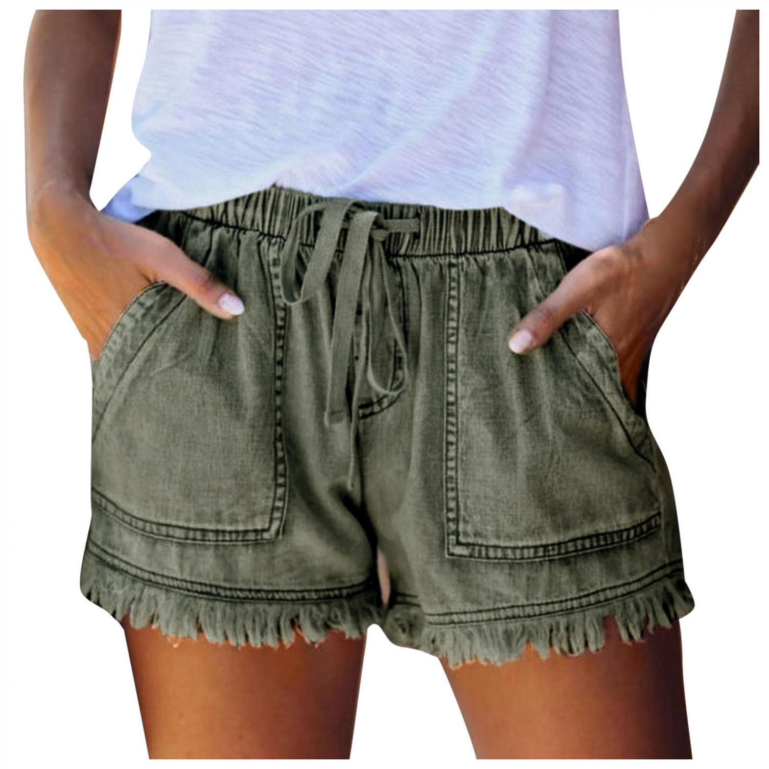 Women's Lightweight Denim Shorts with Pockets - Elastic Waist Casual Summer Shorts, Drawstring Baggy Pants for Outdoor Activities, Beach, and Travel