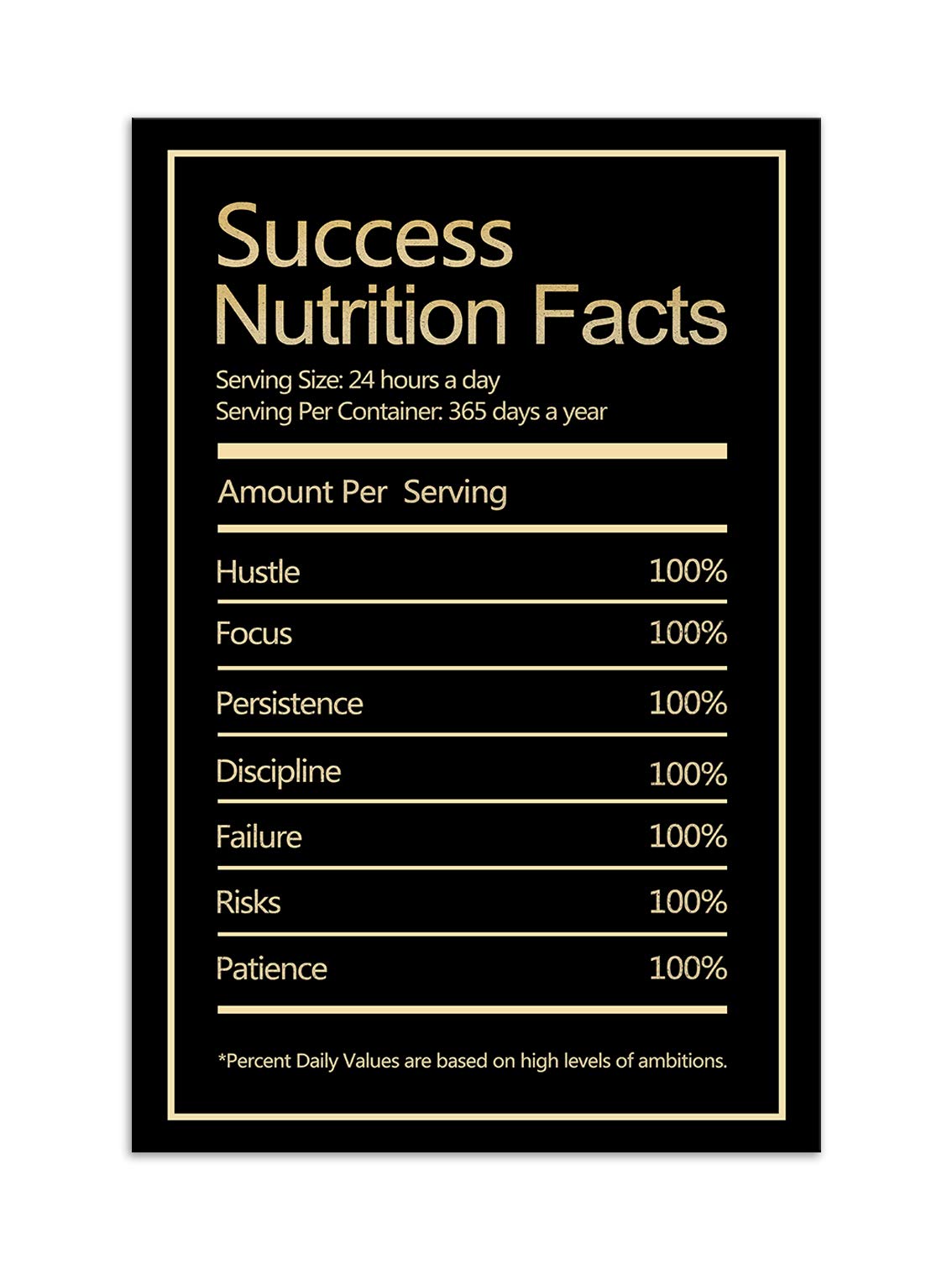 Motivational Success Nutrition Facts Poster - Inspirational Office Wall Art with Quotes, Canvas Painting Print for Gym, Living Room & Workplace - Framed & Ready to Hang (24x36 Inches) - Perfect for Home Office Decor & Fitness Room Motivation