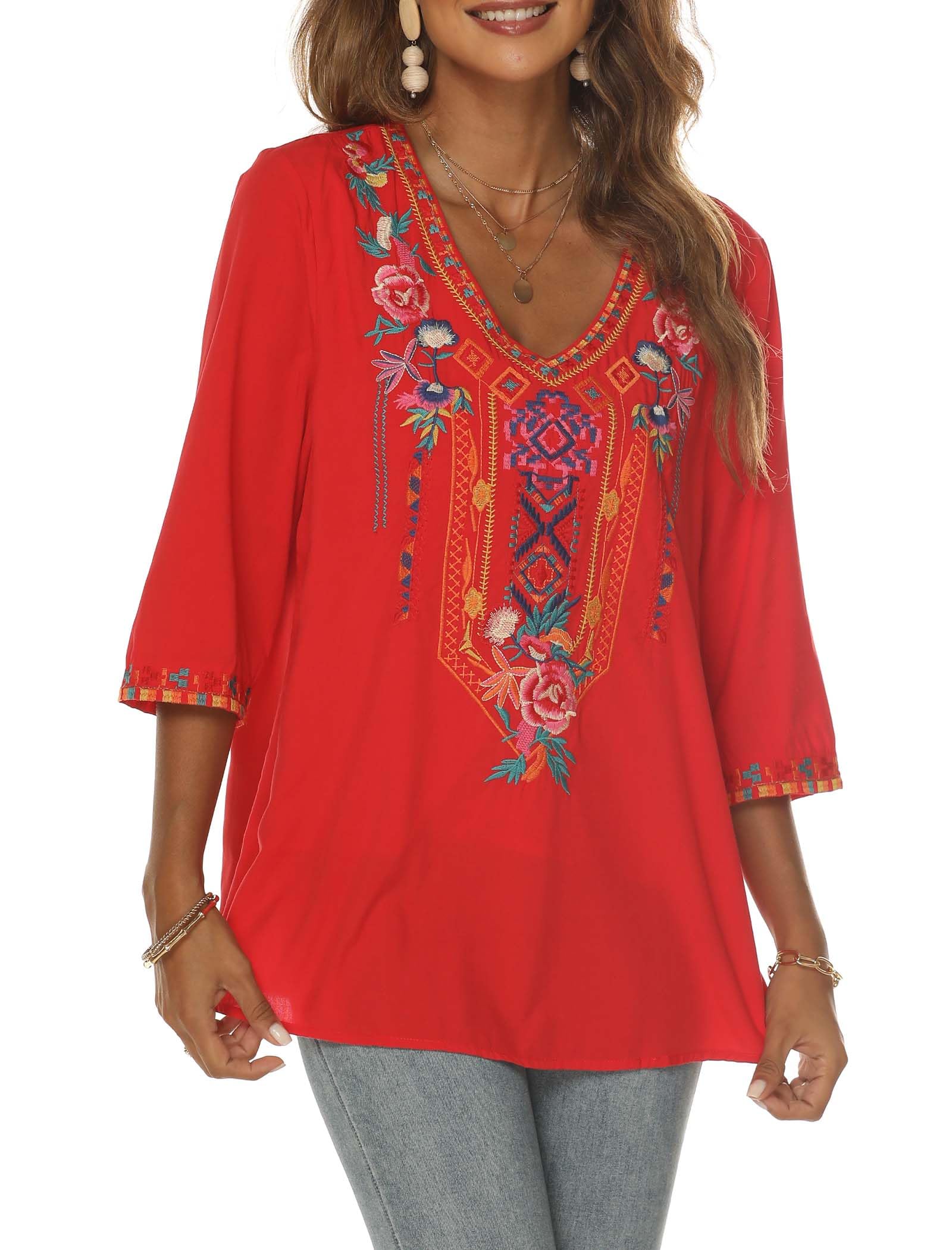 AK Embroidered Peasant Blouse for Women - 3/4 Sleeve Mexican Tunic Top with V-Neck | Traditional Floral Embroidery Casual Shirt | Perfect for Boho Outfits, Summer Festivals & Vacation Wear