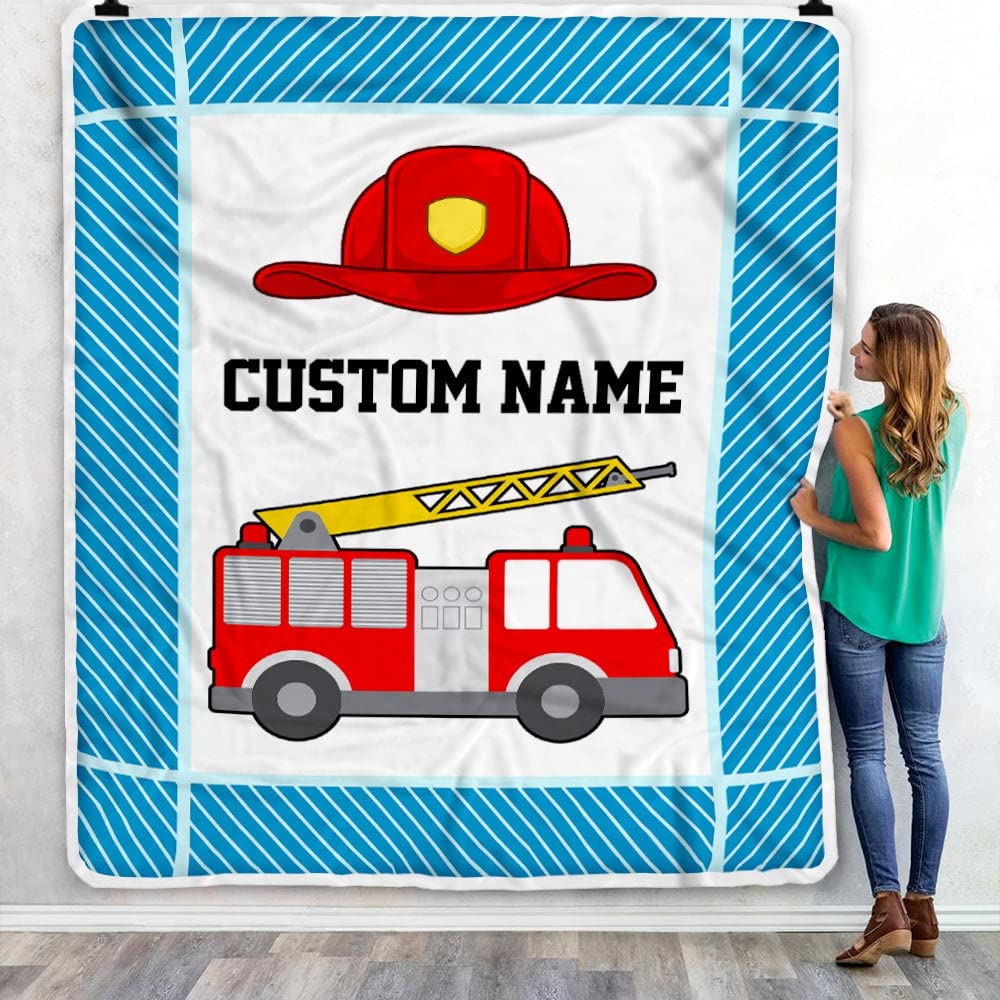 Personalized Firetruck Baby Blanket with Name - Custom Fleece Blanket for Boys, Girls, Son, Grandson, Nephew - 60