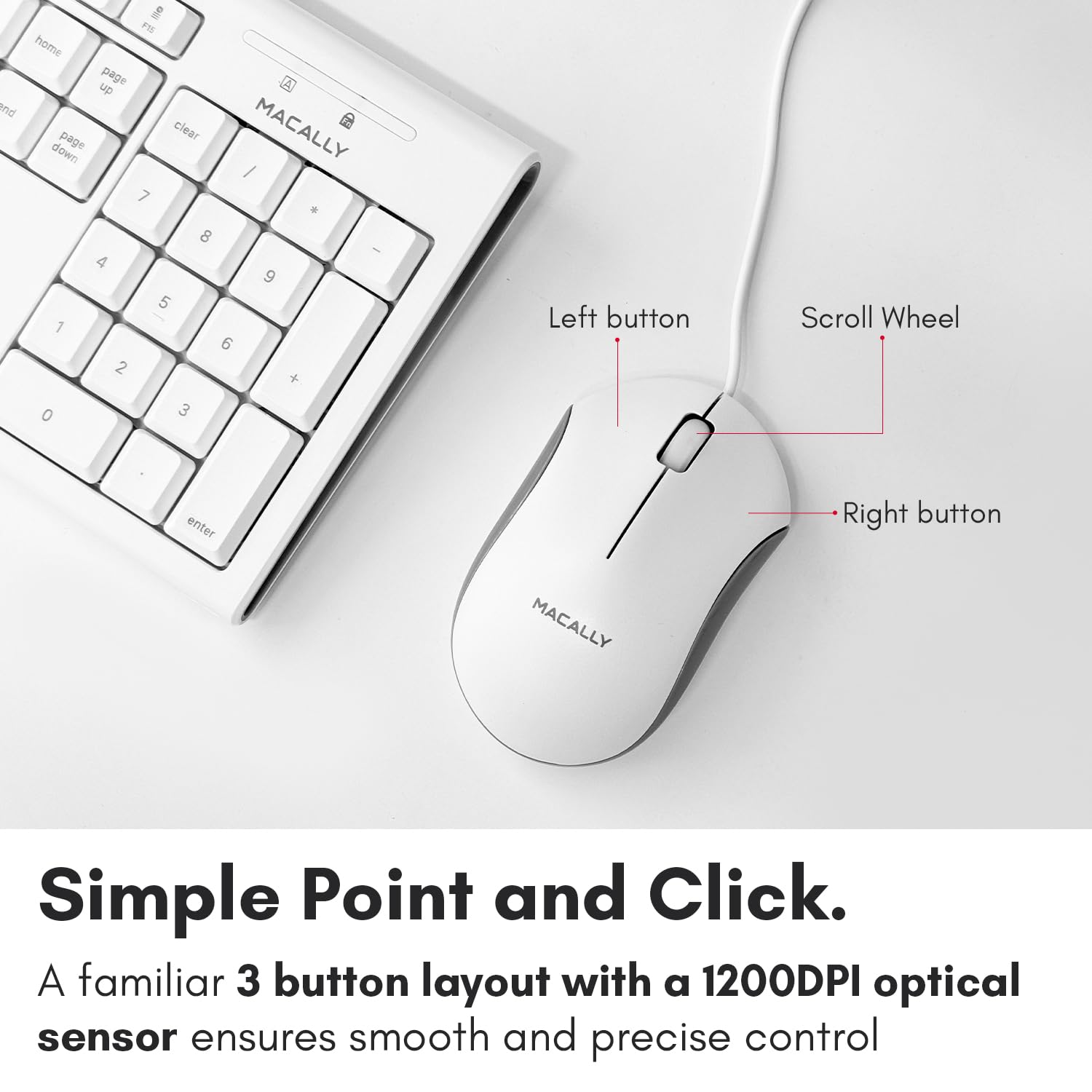 Macally Full Size USB Wired Keyboard and Mouse Combo for Mac - Ergonomic Design with Mac Shortcuts & Number Pad | Compatible with Mac Mini Pro, iMac, MacBook Pro/Air | Perfect for Office Work, Graphic Design & Home Computing