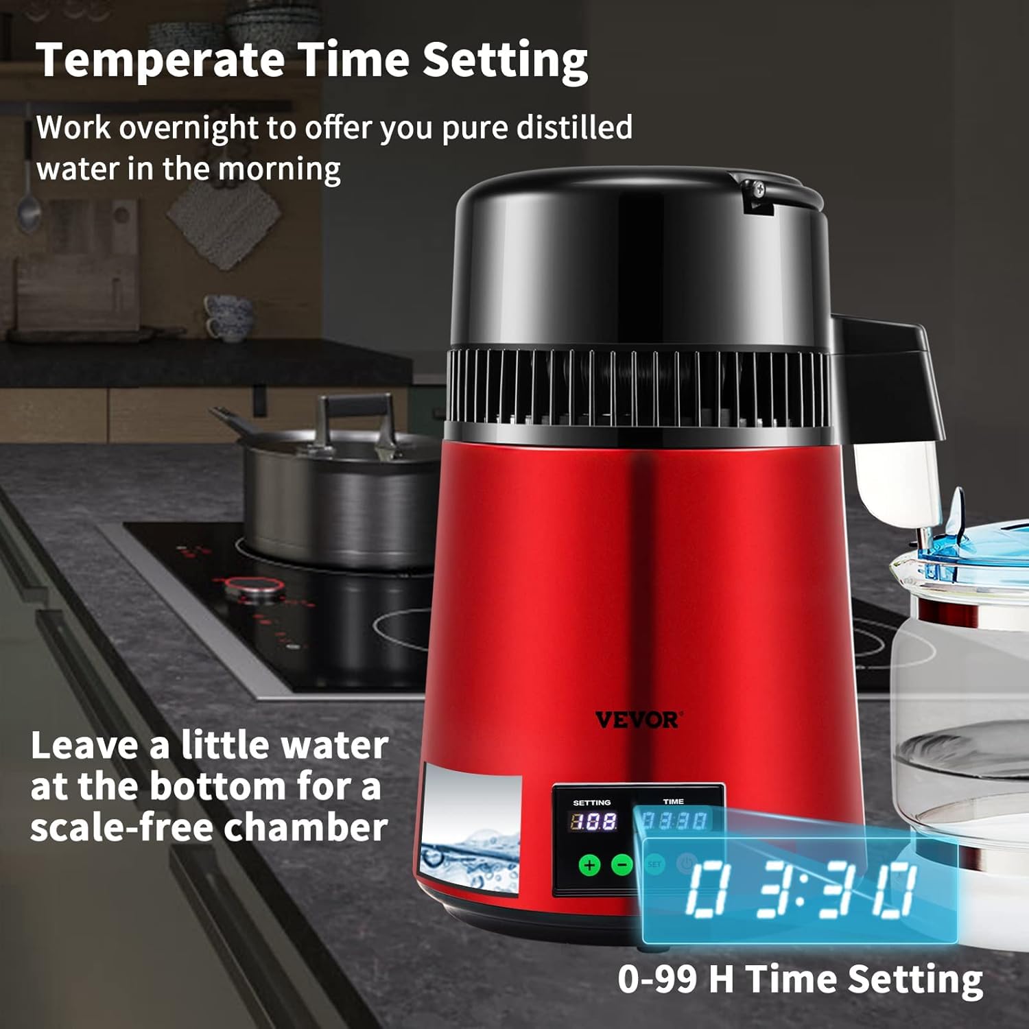 VEVOR 1.1 Gallon Water Distiller Machine with 0.3GPH Output, 750W Countertop Distilled Water Maker with 0-99H Timer & Temperature Display, 304 Stainless Steel & Glass Carafe - Includes Cleaning Powder & 3 Carbon Filters (Red) - Perfect for Home, Office, and Emergency Water Purification