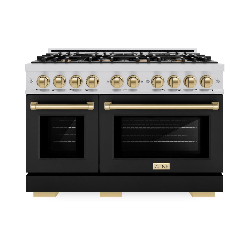 ZLINE Autograph Edition 48-Inch 6.7 cu. ft. Professional Double Oven Gas Range with 8 Burner Cooktop - Stainless Steel with Black Matte Doors & Champagne Bronze Accents (HGRZ BLM 48 CB) - Perfect for Gourmet Kitchens & Home Chefs