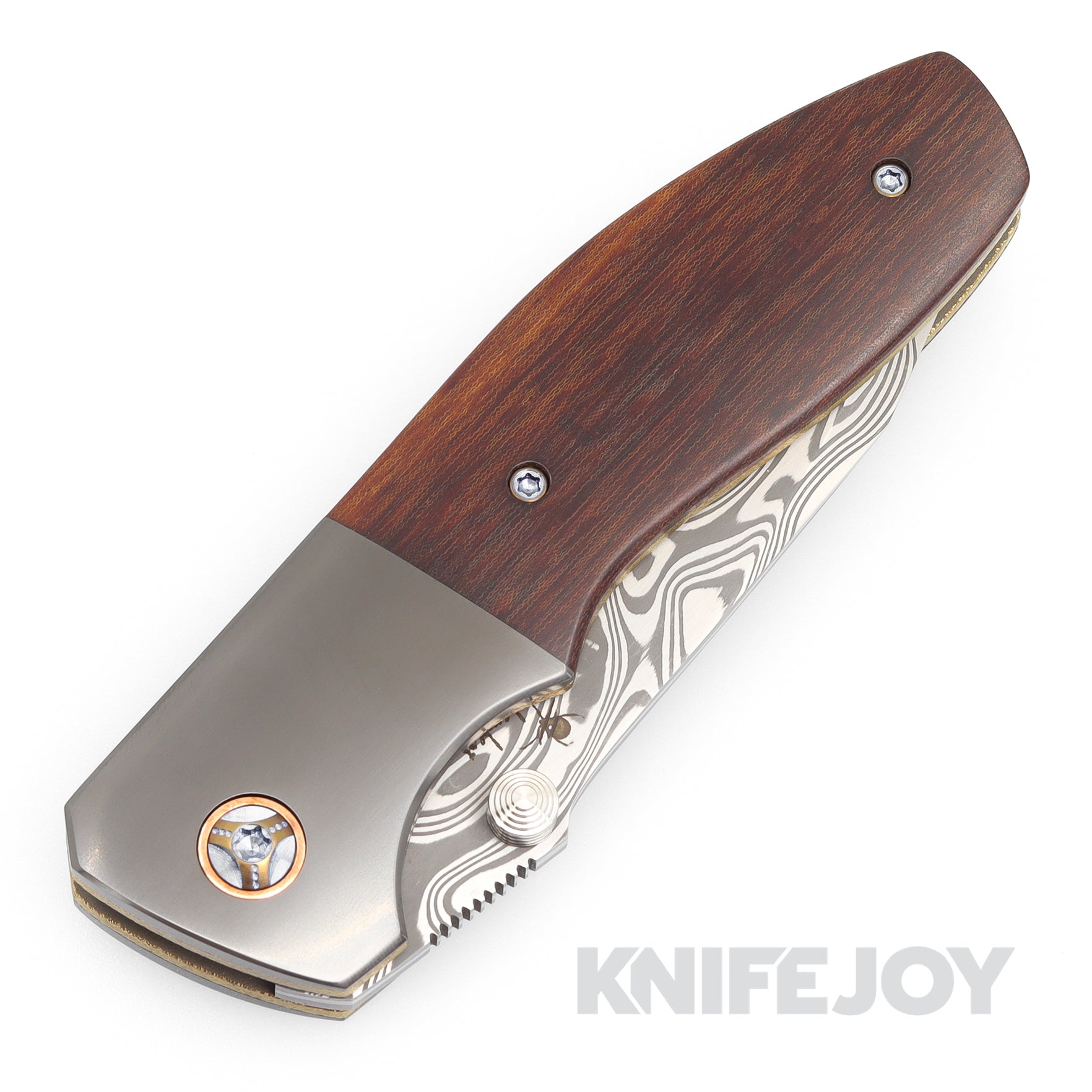 Premium Kirby Lambert Ghost Folder Knife - Damascus Steel Blade, Vintage Linen Micarta Handles with Zirconium Bolster & Copper Collars - EDC, Outdoor Survival, Camping & Collectors Gift