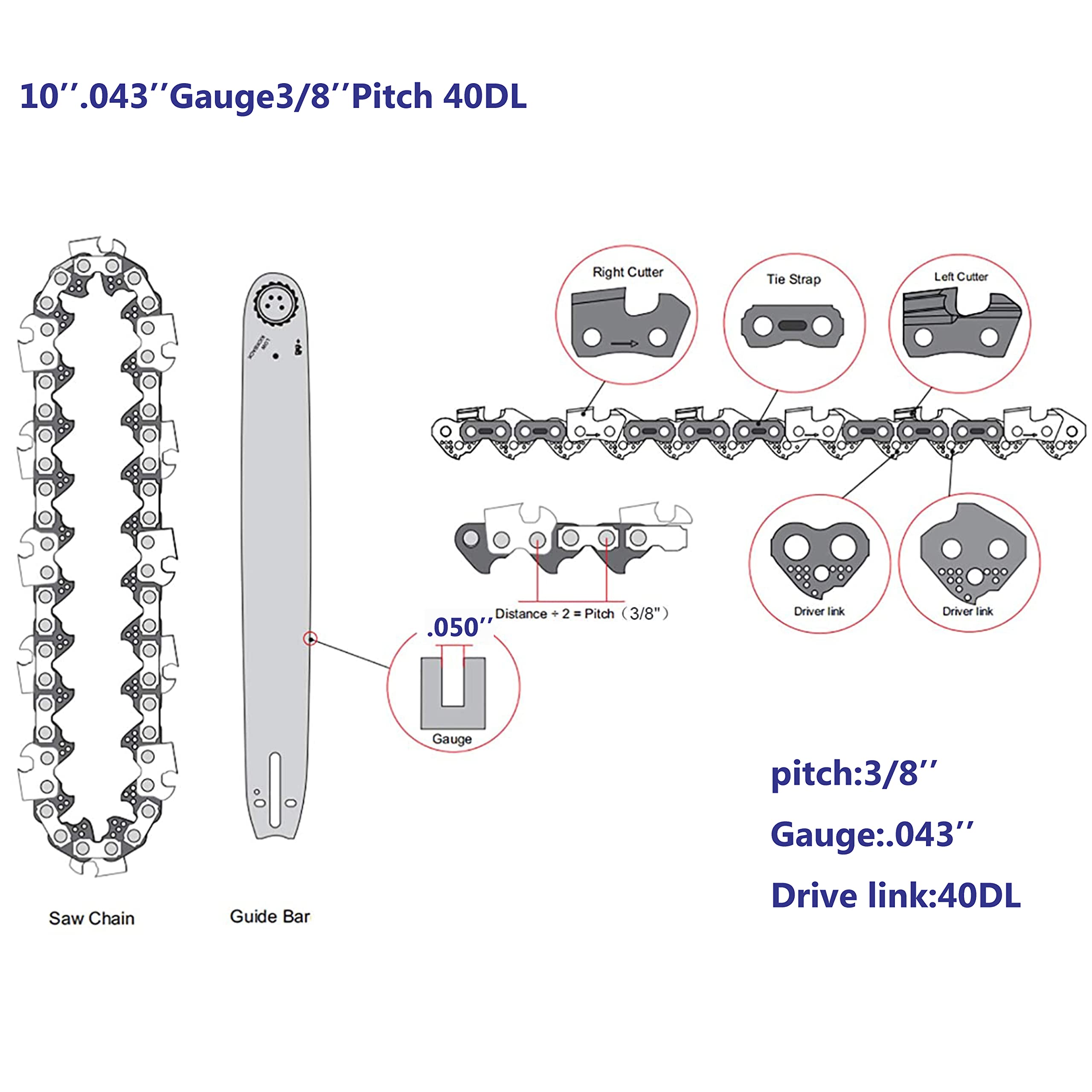 2 Pack R40 10 Inch Chainsaw Chain - 3/8