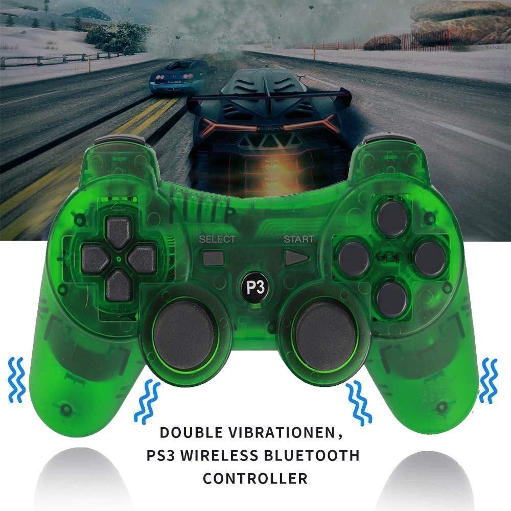 Wireless PS3 Controller 2 Pack with Motion Sensor & Dual Vibration - Upgraded Gaming Controller for Sony PlayStation 3 - Includes Charging Cable (Transparent Green & Blue) - Perfect for Multiplayer Gaming & Long Play Sessions