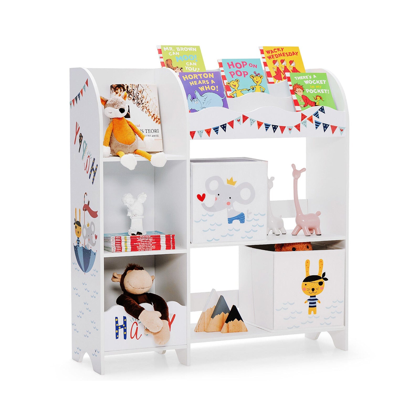 Wooden Kids Toy Storage Cabinet with 6 Fabric Bins - Organizer for Playroom, Nursery, or Bedroom - Perfect for Storing Toys, Books, and Clothes
