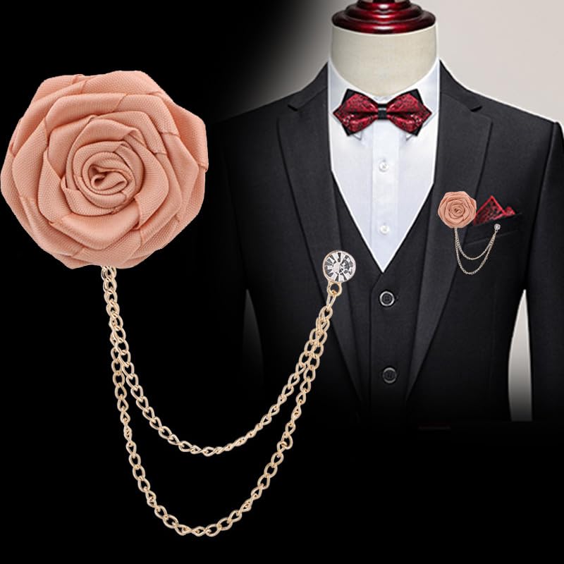 Elegant Rose Flower Pin Brooch for Men - Long Chain Fringe Lapel Pin Fabric Boutonniere - Wedding Suit Accessories for Groomsmen - Perfect for Formal Events, Prom, and Business Attire