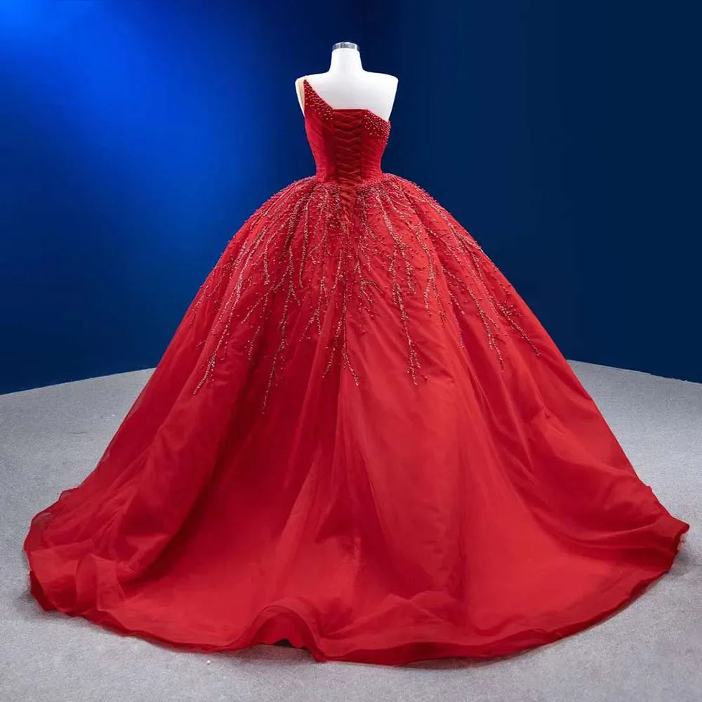 Serene Hill Red Elegant One Shoulder Lace-Up Pearl Beaded Luxury Wedding Dress 2025 | High-End Custom Made Bridal Gown HM222191 | Perfect for Beach Weddings, Vow Renewals & Formal Evening Events