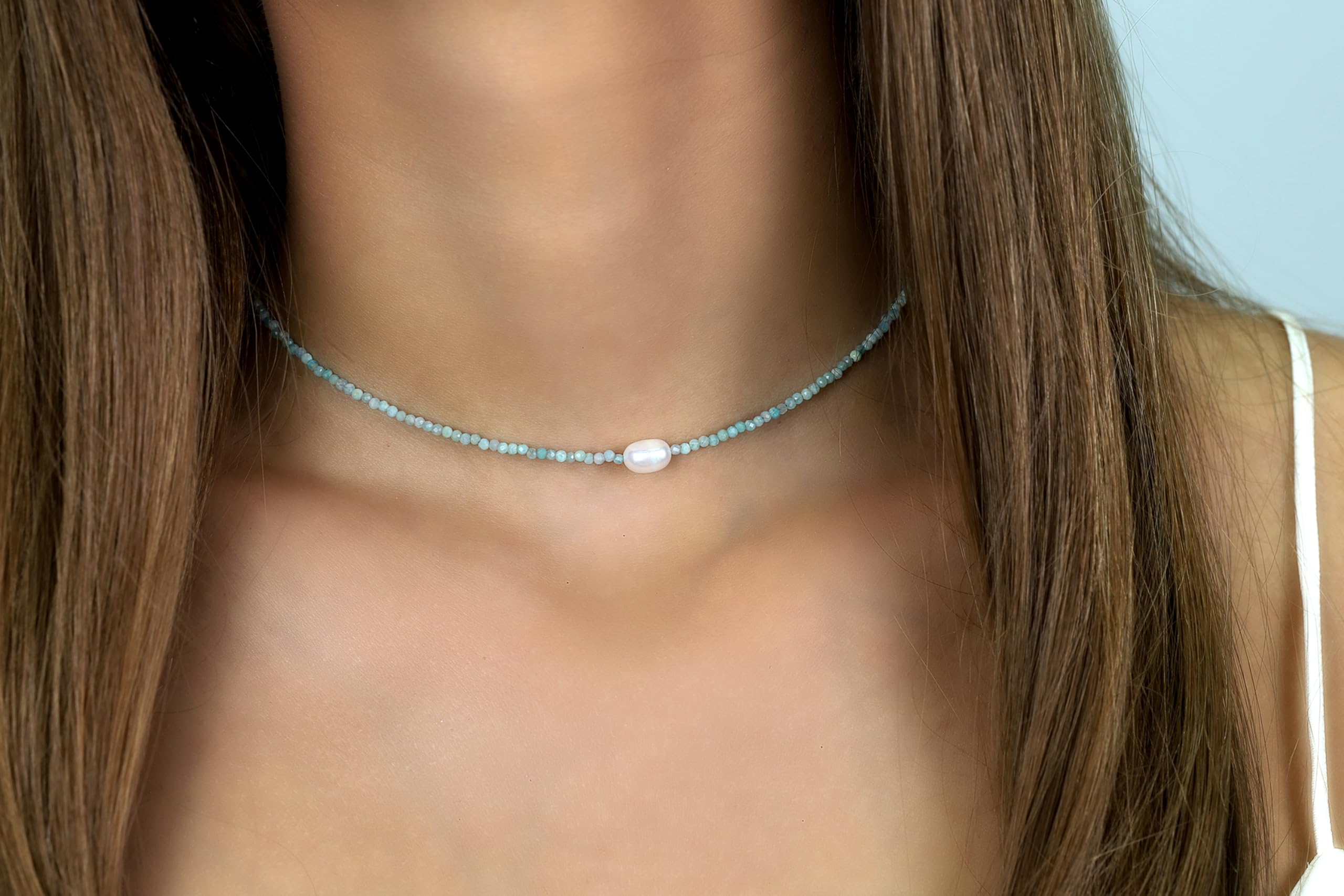2mm Beaded Amazonite Necklace with Freshwater Pearl Pendant - Dainty Gold Bridal Jewelry for Weddings, Bridesmaid Gifts & Special Occasions - Elegant Light Blue Beaded Necklace for Women