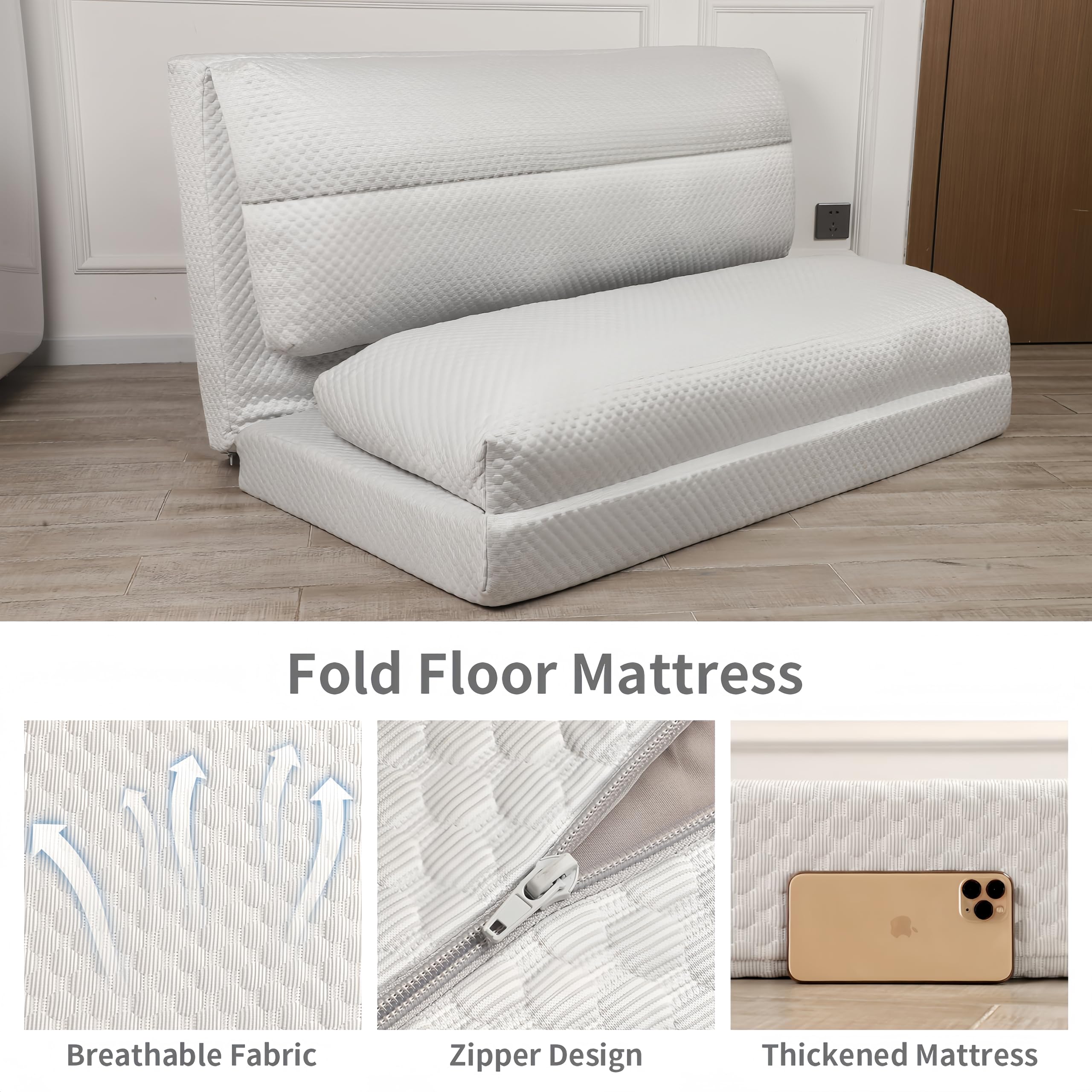 Breathable Cooling Bean Bag Sofa Bed - Foldable Full Floor Mattress for Hot Sleepers with Removable Washable Cover, Light Grey, 54x95 Inch - Perfect for Dorm Rooms, Guest Beds & Summer Napping