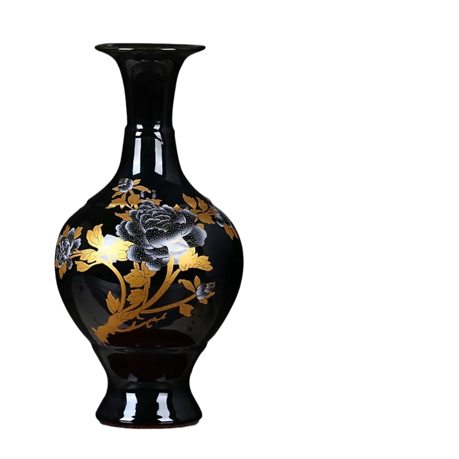 13'' Chinese Style Ceramic Vase with Peony Painting - Classic Black Porcelain Home Decor for Living Room, Bedroom & Office - Handcrafted Retro Decorative Vase for Floral Arrangements & Interior Design