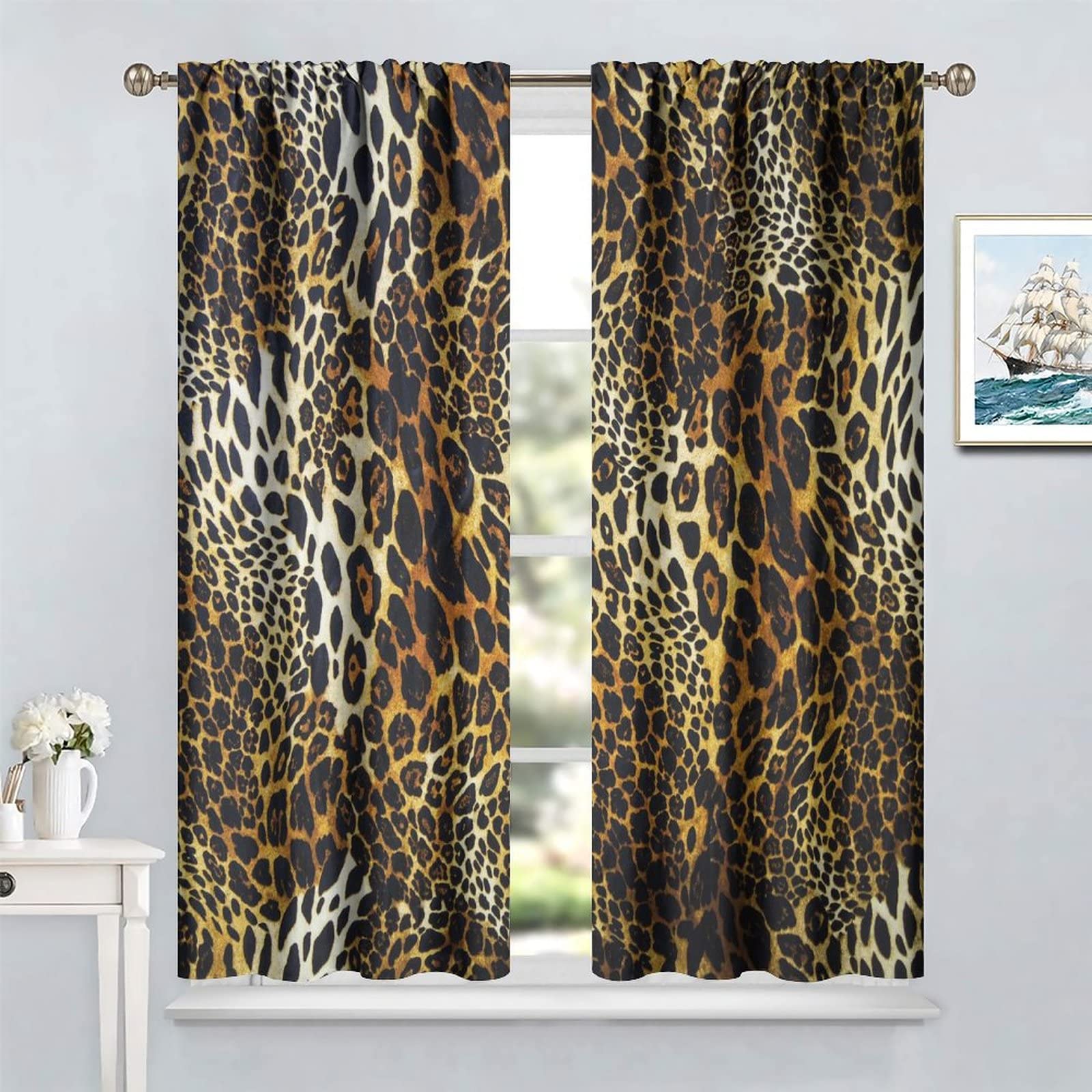 Green Leopard & Zebra Print Blackout Curtains - 42x45 Inch Wild Animal Print Window Drapes for Kitchen, Kids Room & Nursery - Black & White Nature-Themed Home Decor for Bedroom & Living Room
