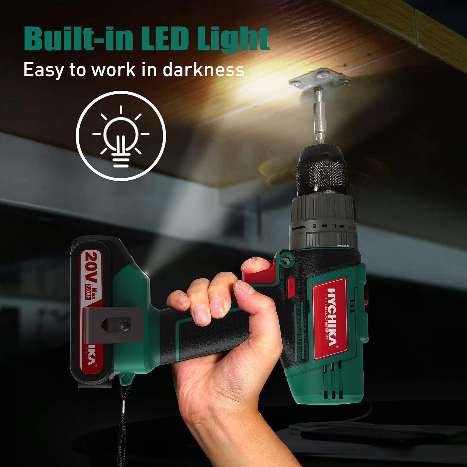 HYCHIKA 20V Cordless Hammer Drill Driver - 400 In-lbs Torque, 1/2