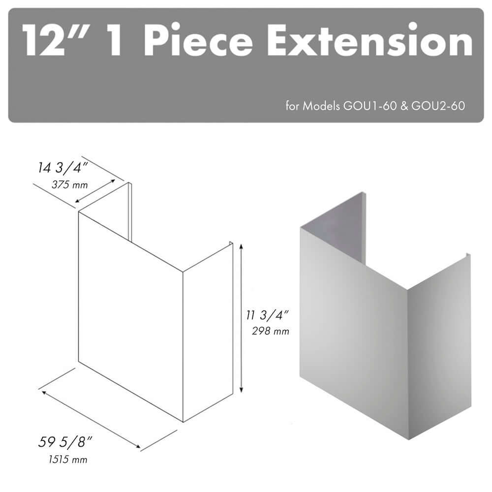 ZLINE 12 Inch Chimney Extension for 60 Inch Under Cabinet Outdoor Grill Hood - Perfect for Extending Ventilation in Outdoor Kitchens (1PEXT GOU60 12)