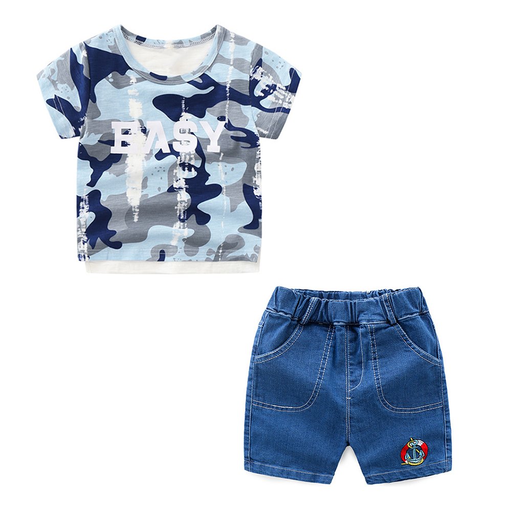 Trendy Boys Clothes Set - Camouflage Print Soft Cotton T-Shirt & Stretchy Denim Shorts Outfit | Comfortable Casual Wear for Playdates, School & Outdoor Adventures