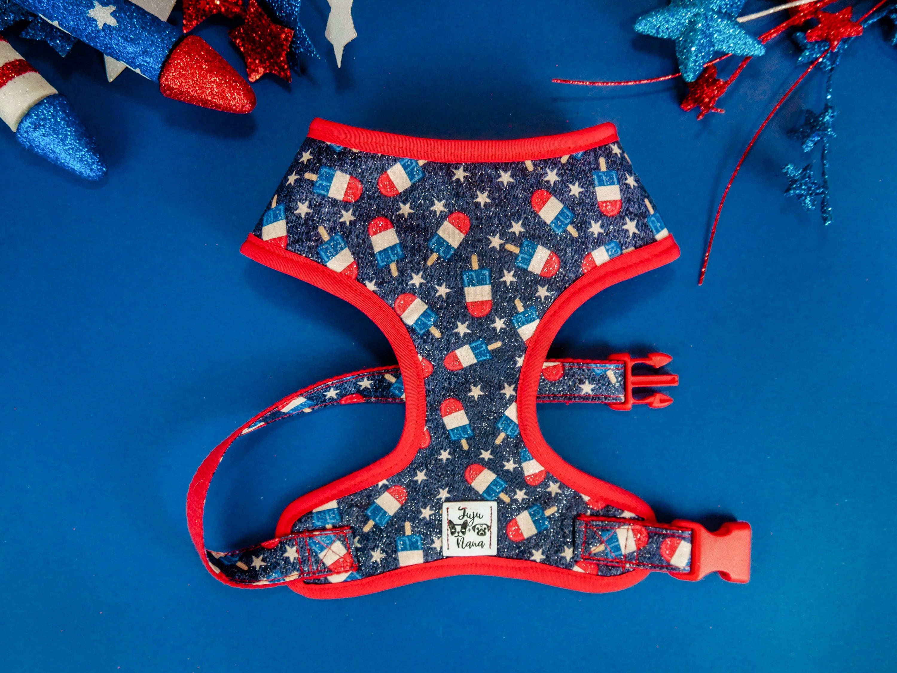 Patriotic Glitter Dog Harness with Popsicle Design - Comfortable & Adjustable for Small to Medium Dogs - Perfect for 4th of July, Parades & Outdoor Adventures