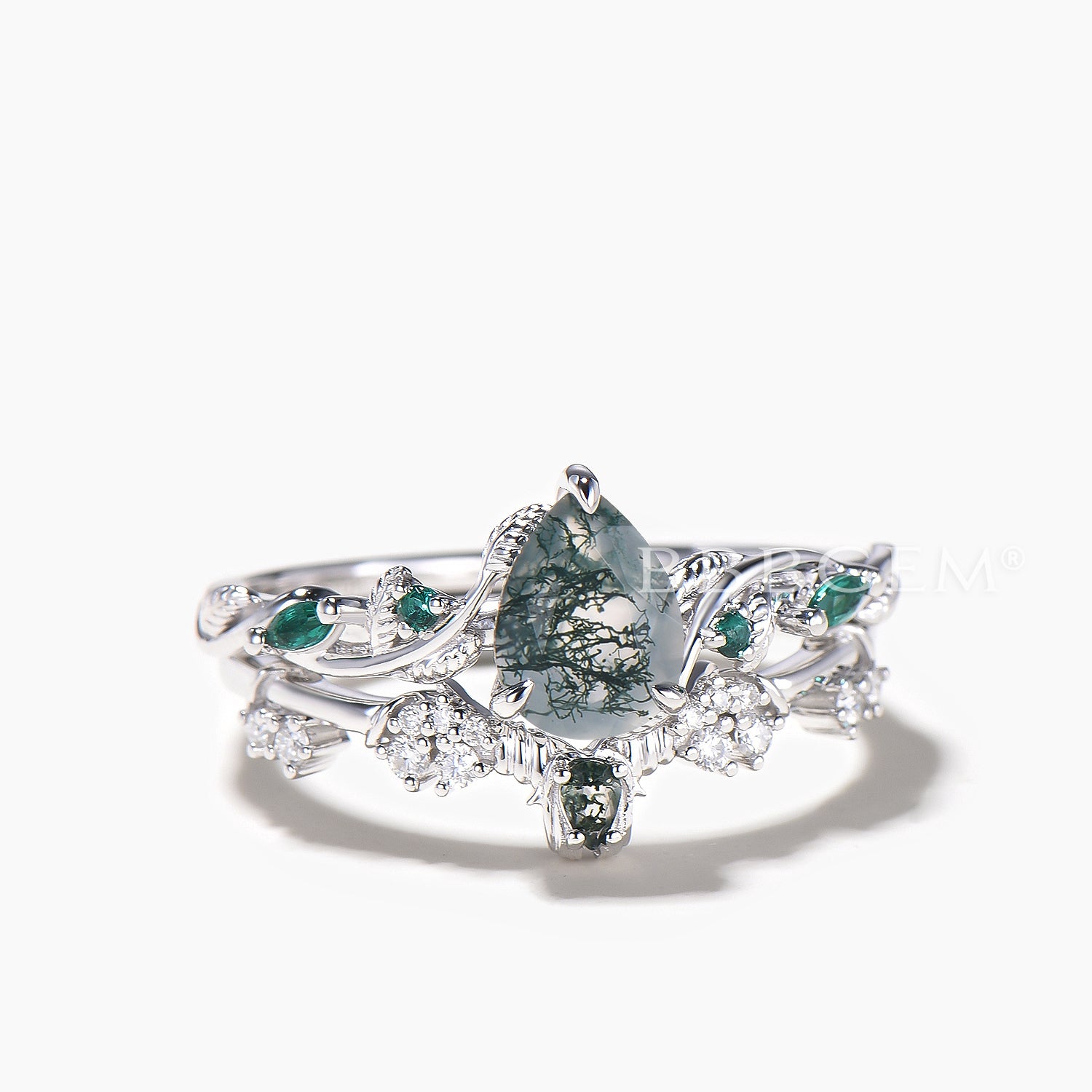 1.25CT Pear Cut Moss Agate Engagement Ring with Moissanite Accents - Nature Inspired Wedding Bridal Set for Eco-Friendly Proposal & Outdoor Ceremonies