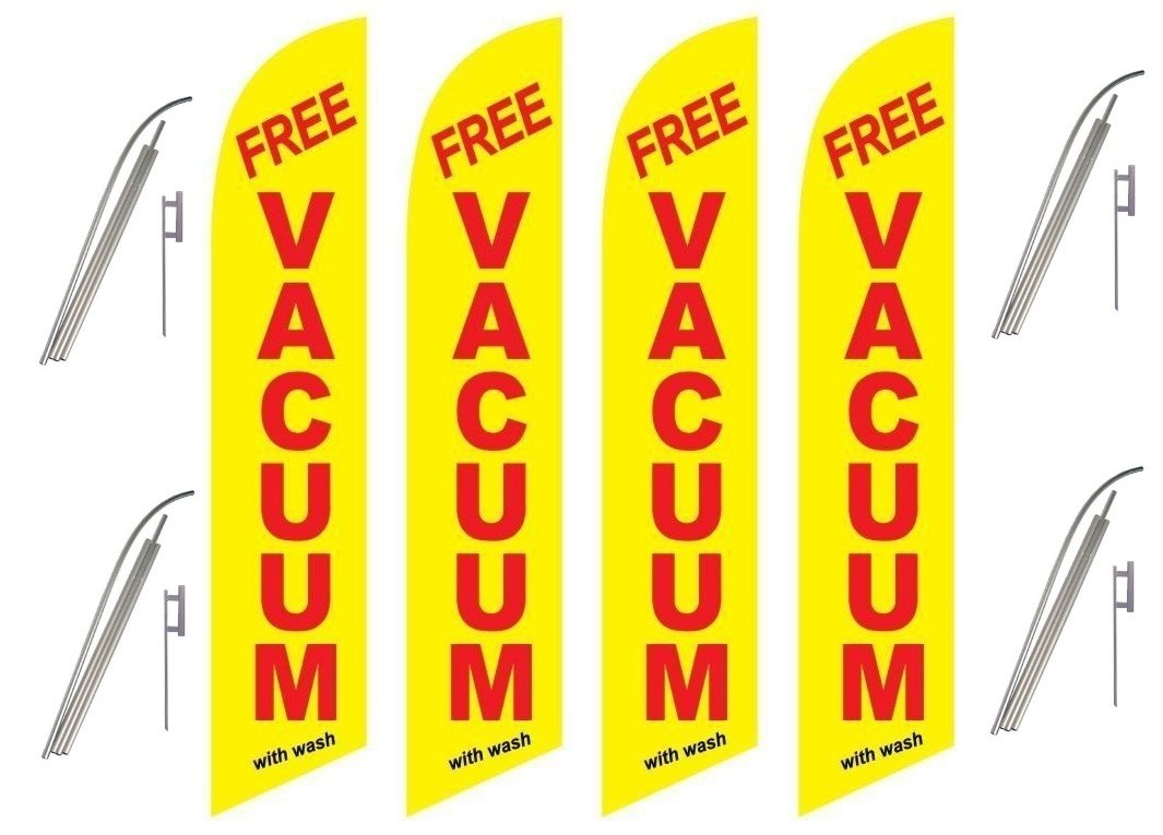 4 Pack Full Sleeve Swooper Flags with Poles & Spikes - Yellow, Red, Black - Includes Free Vacuum with Wash - Perfect for Car Wash, Auto Detailing & Commercial Use