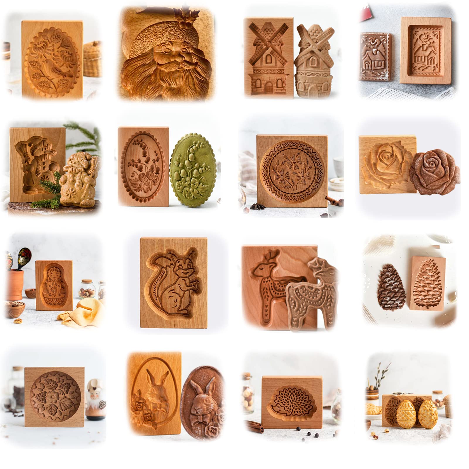 Premium Wooden Cookie Molds Set - 16pcs Hand-Carved Biscuit Cutters with Embossing Designs for Baking Gingerbread, Sugar Cookies | Perfect for Holiday Baking, DIY Kitchen Projects & Family Gatherings