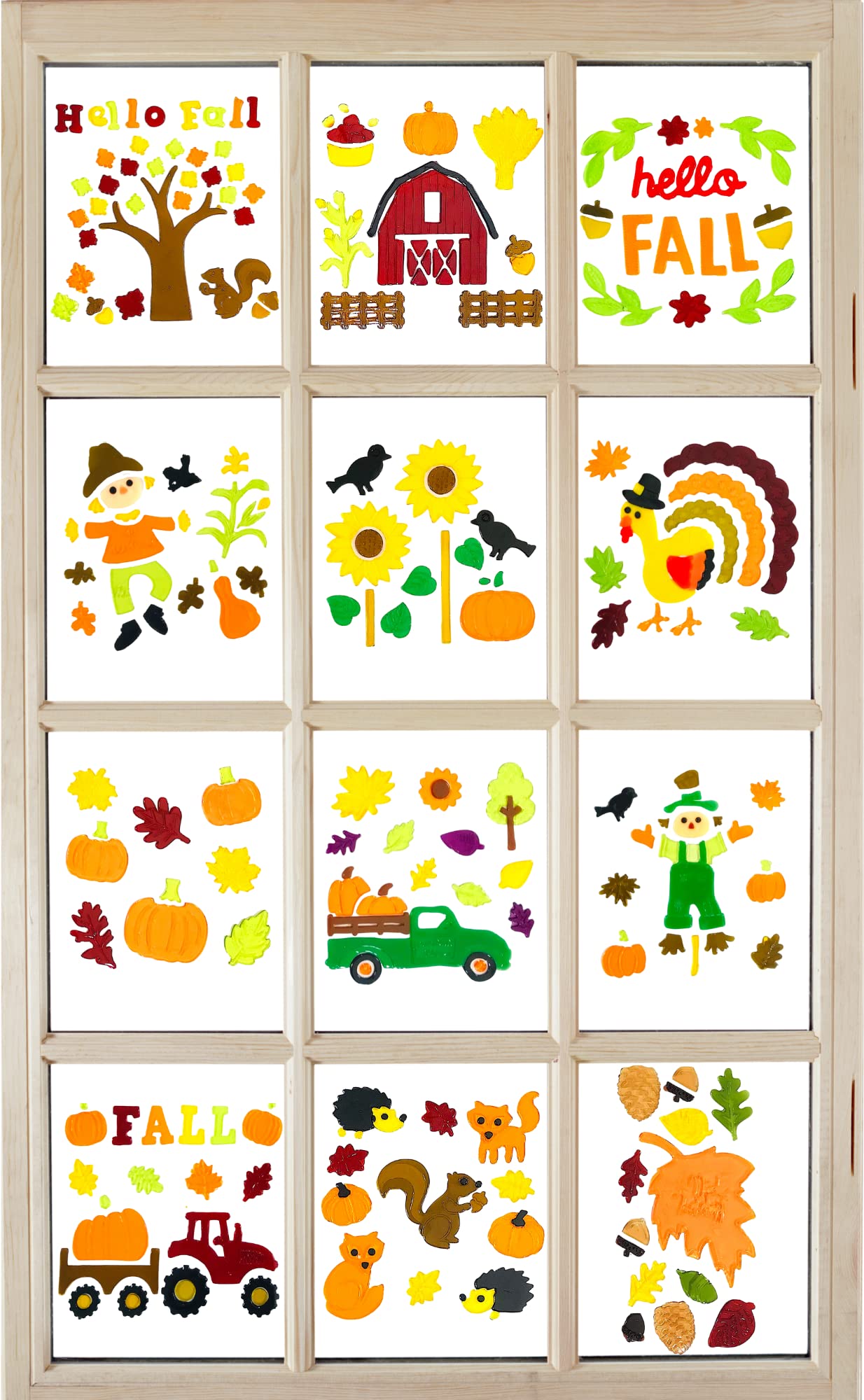 Reusable Fall Gel Cling Stickers for Windows & Mirrors - 6 Sheets of Seasonal Designs: Woodland Creatures, Foliage, Pumpkins - Perfect for Home, Office, and Classroom Decor