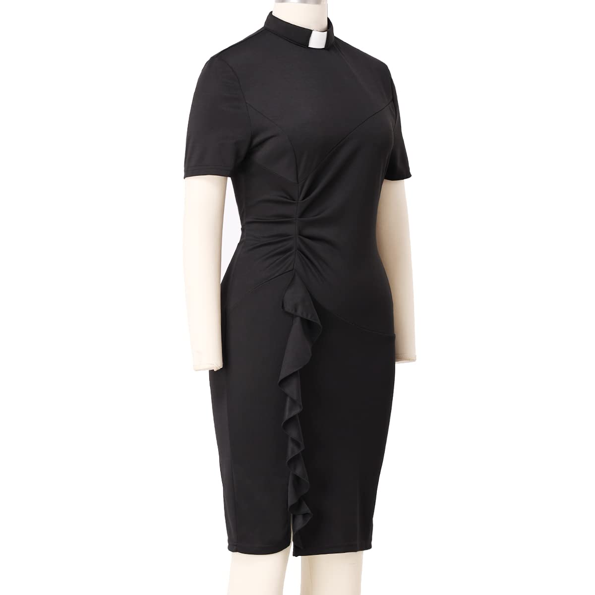 BLESSUME Women's Church Clergy Tab Collar Dress - Black Short Sleeve Pencil Dress for Mass & Church Services - Perfect for Sunday Worship, Communion & Formal Church Events