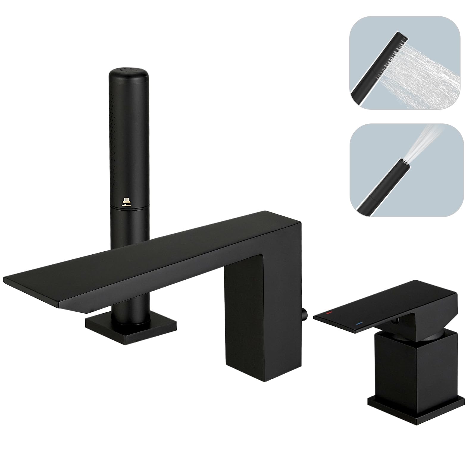 BESy Matte Black Roman Tub Faucet with Handheld Showerhead - 2-in-1 Deck Mount Bathtub Faucet Set with Sprayer, Brass Construction, cUPC Certified - Perfect for Luxury Bathrooms, Spa-Like Showers & Modern Home Renovations