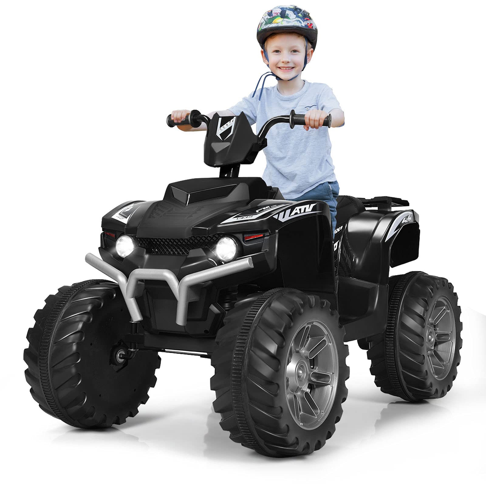 OLAKIDS 12V Kids Electric ATV Ride-On Toy Car - 4 Wheeler Battery Powered Motorized Quad for Boys & Girls with LED Lights, Music, Horn & Dual Speed - Perfect for Indoor & Outdoor Play (Black)